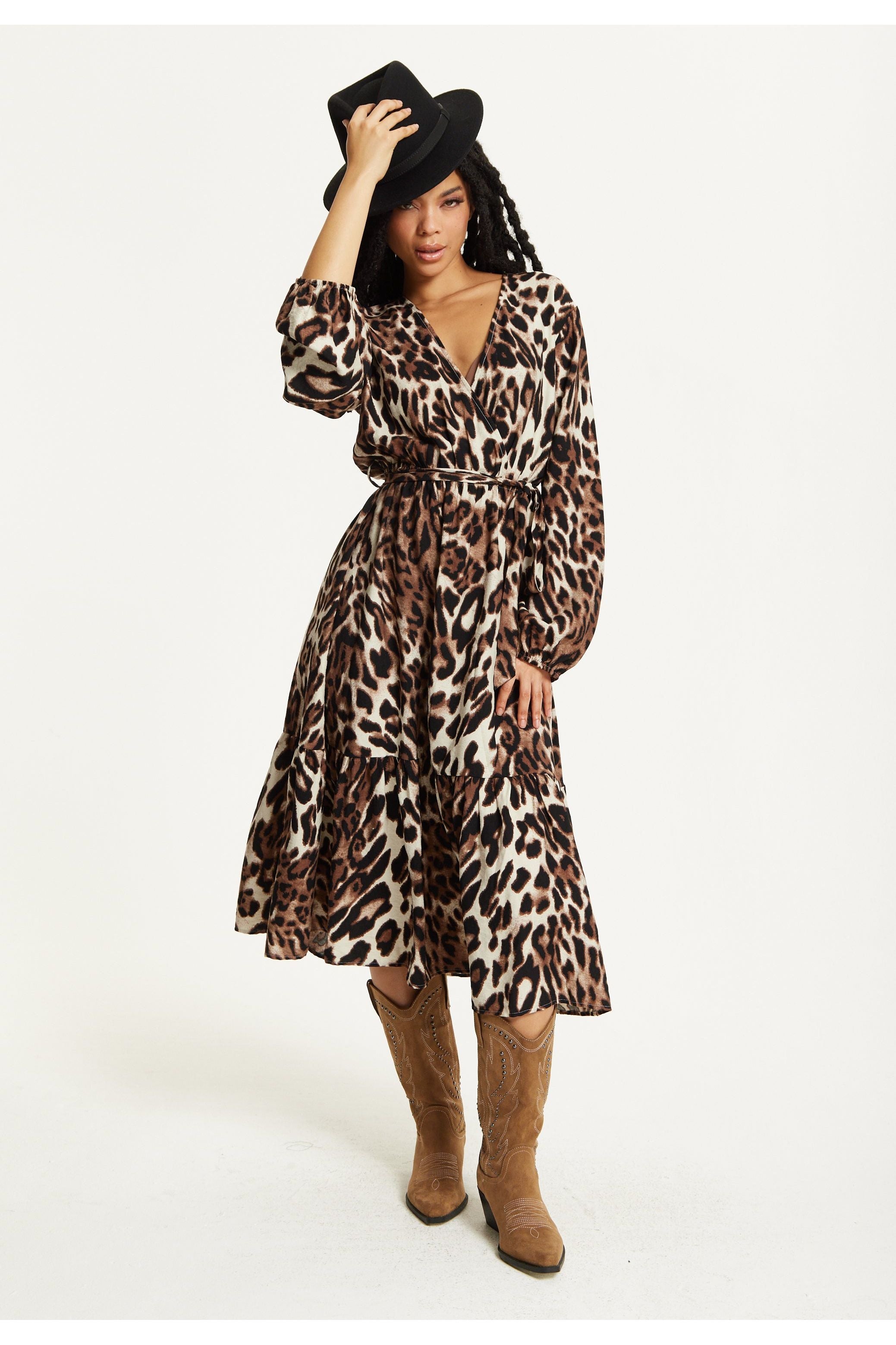 Leopard Print Long Sleeve Midi Dress TD25549037