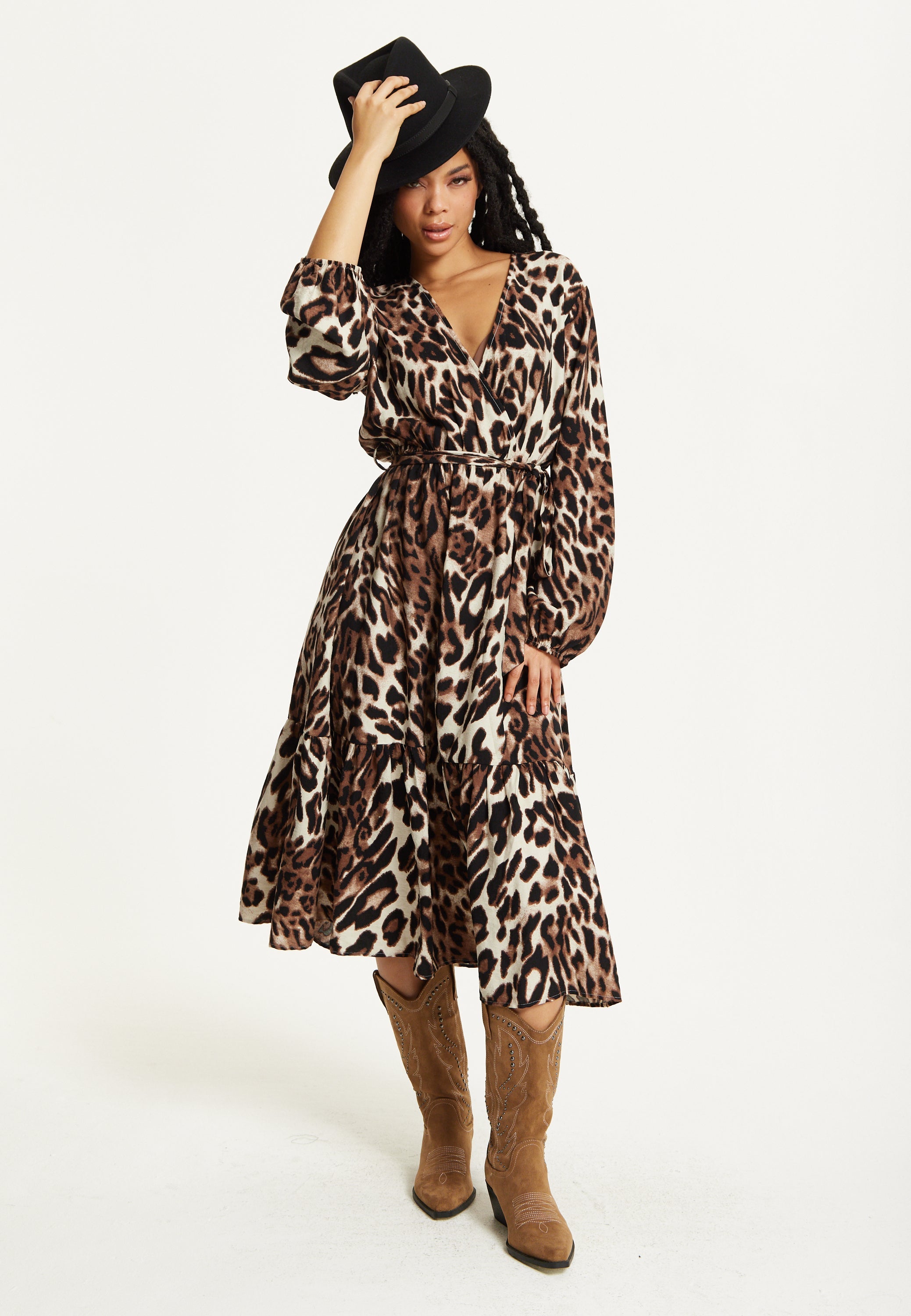 Leopard Print Long Sleeve Midi Dress TD25549037
