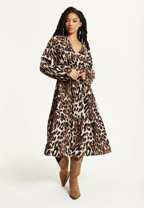Leopard Print Long Sleeve Midi Dress by Liquorish
