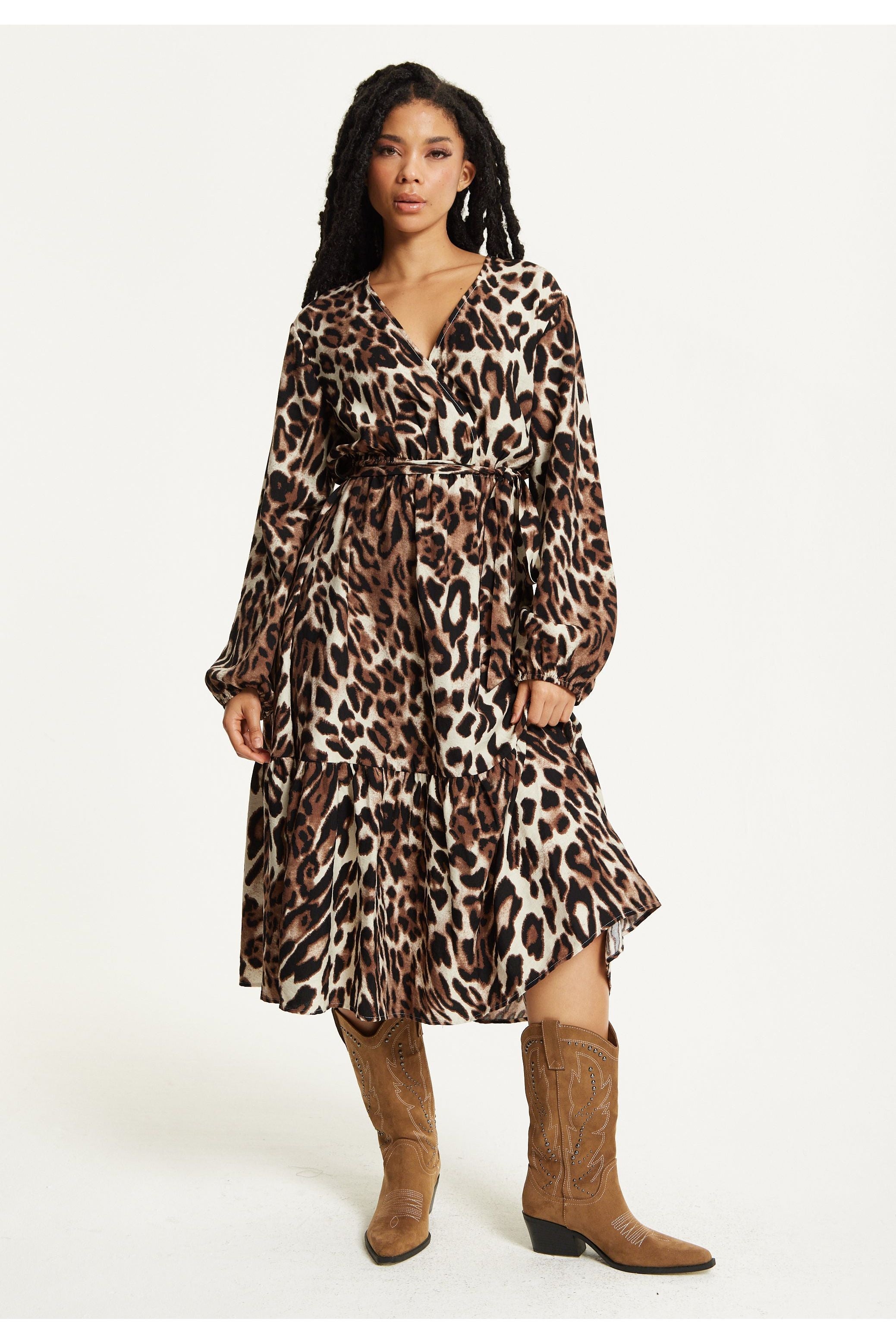 Leopard Print Long Sleeve Midi Dress TD25549037