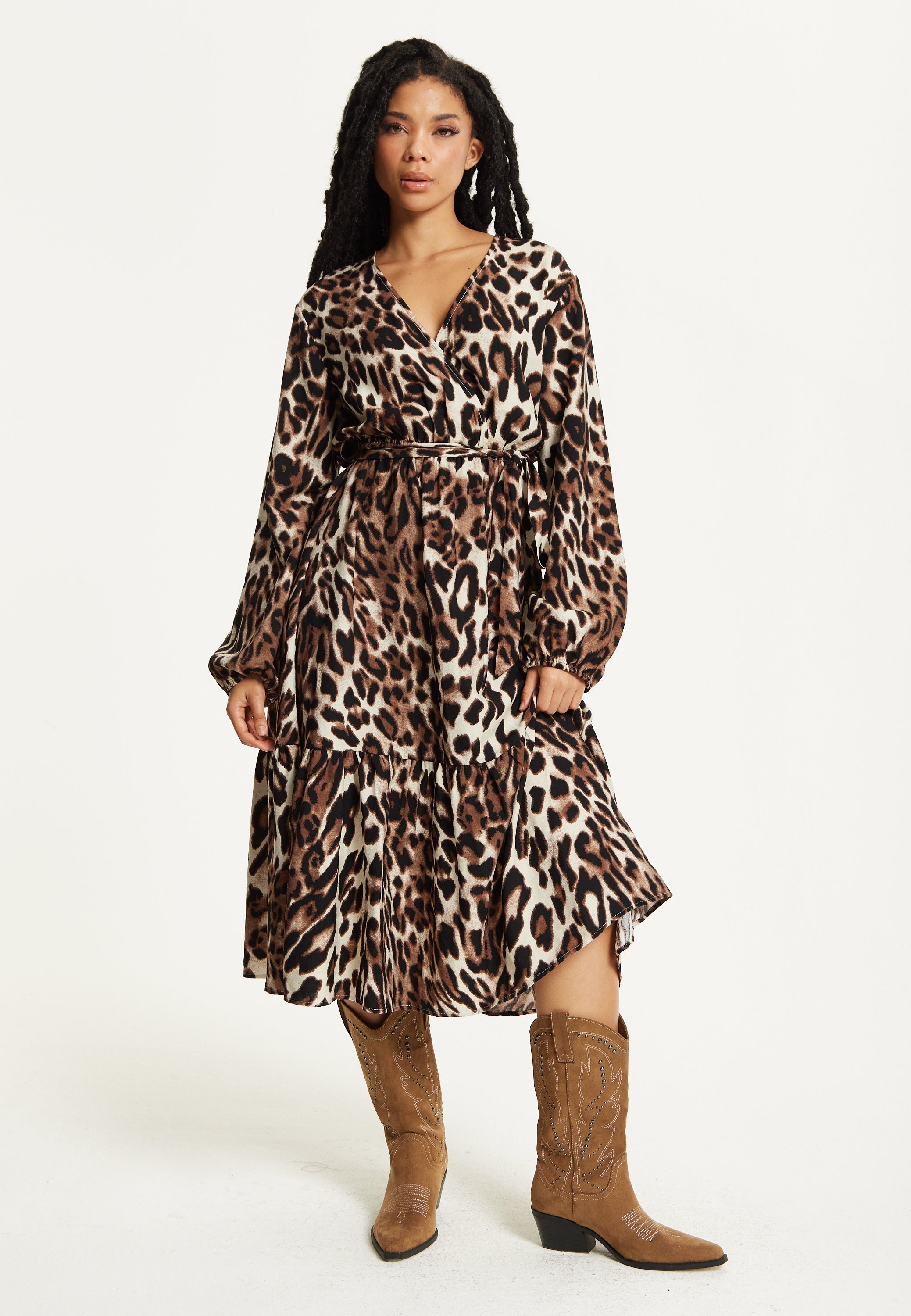 Leopard Print Long Sleeve Midi Dress TD25549037