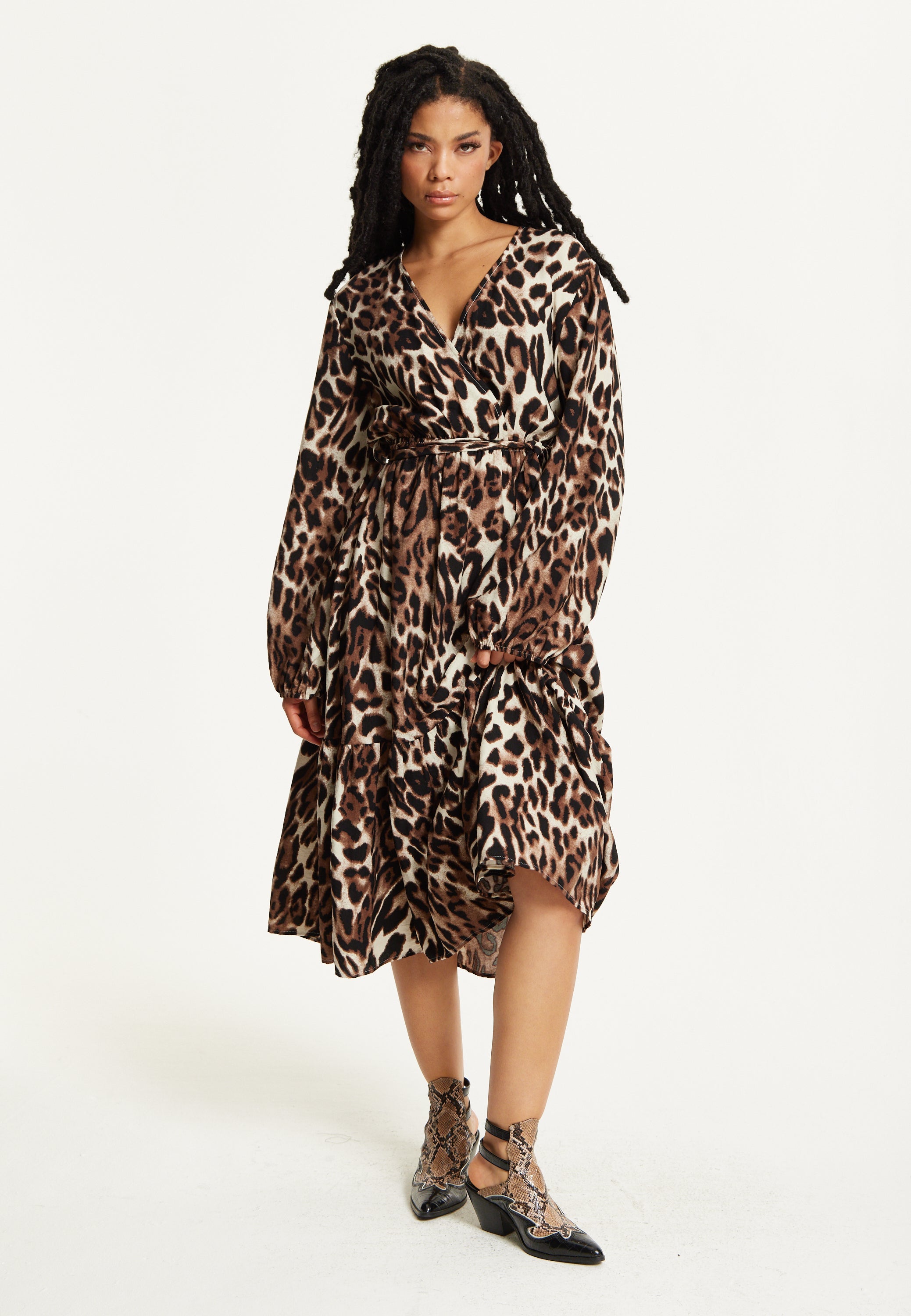 Leopard Print Long Sleeve Midi Dress TD25549037