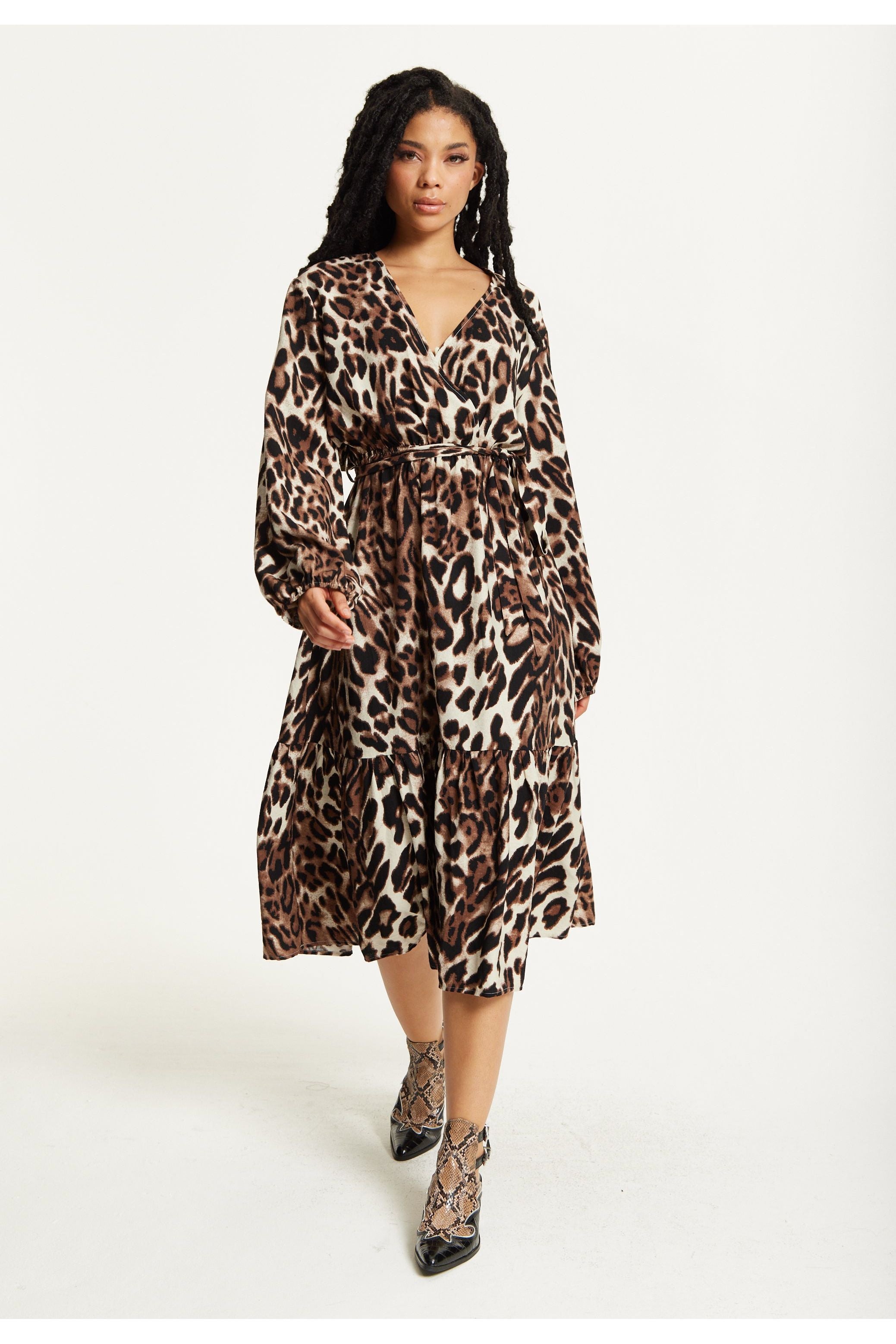 Leopard Print Long Sleeve Midi Dress TD25549037