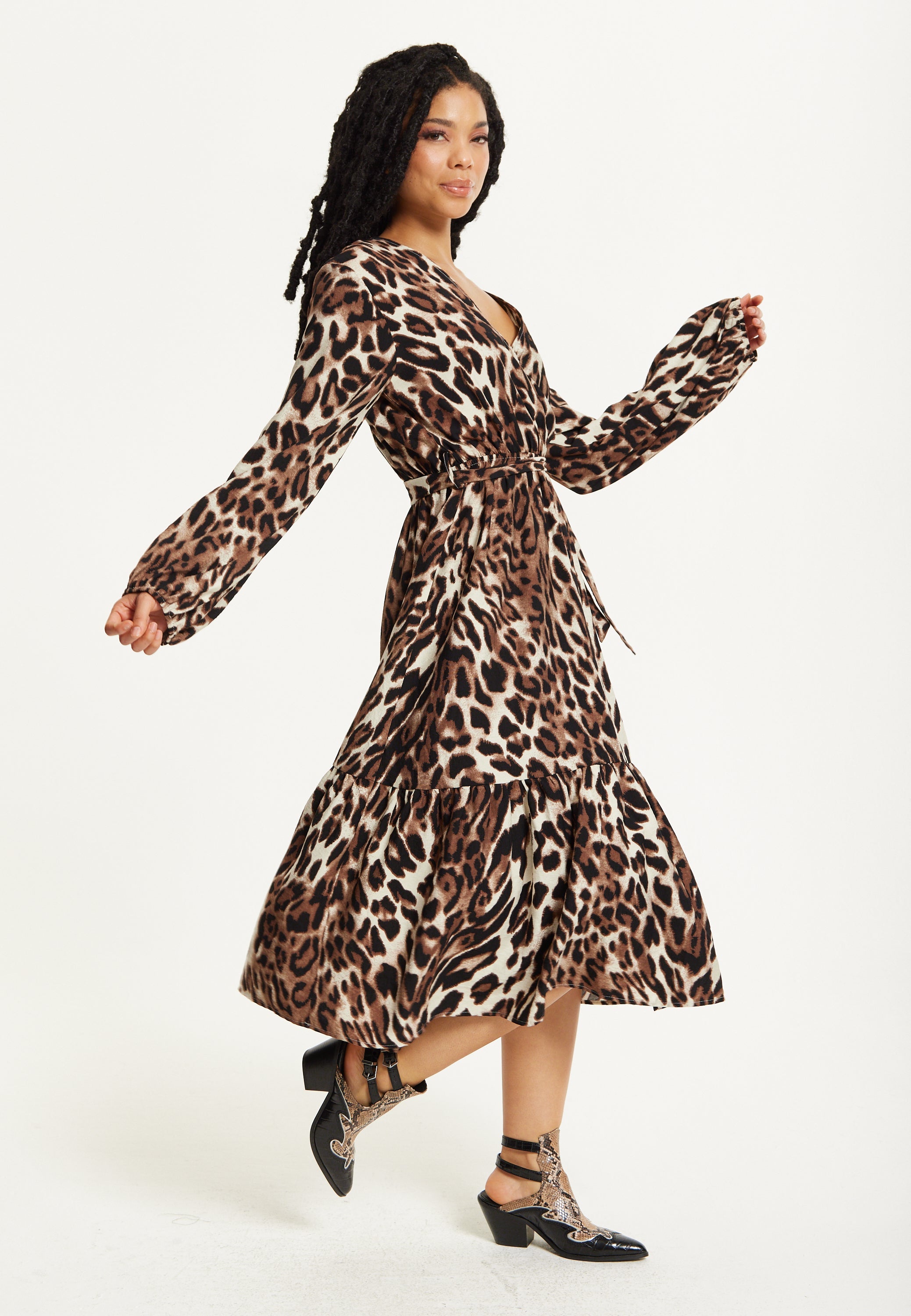 Leopard Print Long Sleeve Midi Dress TD25549037