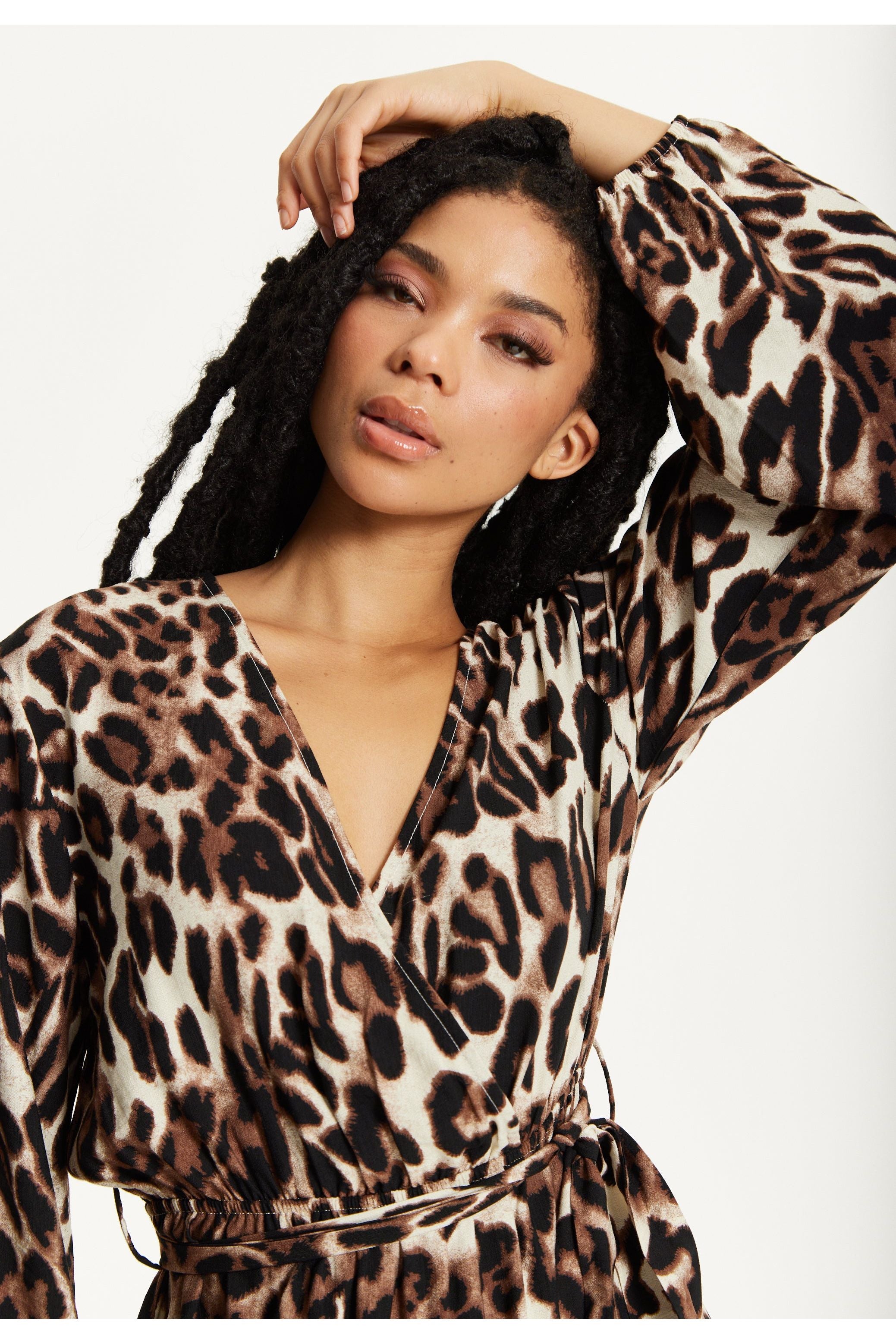 Leopard Print Long Sleeve Midi Dress TD25549037