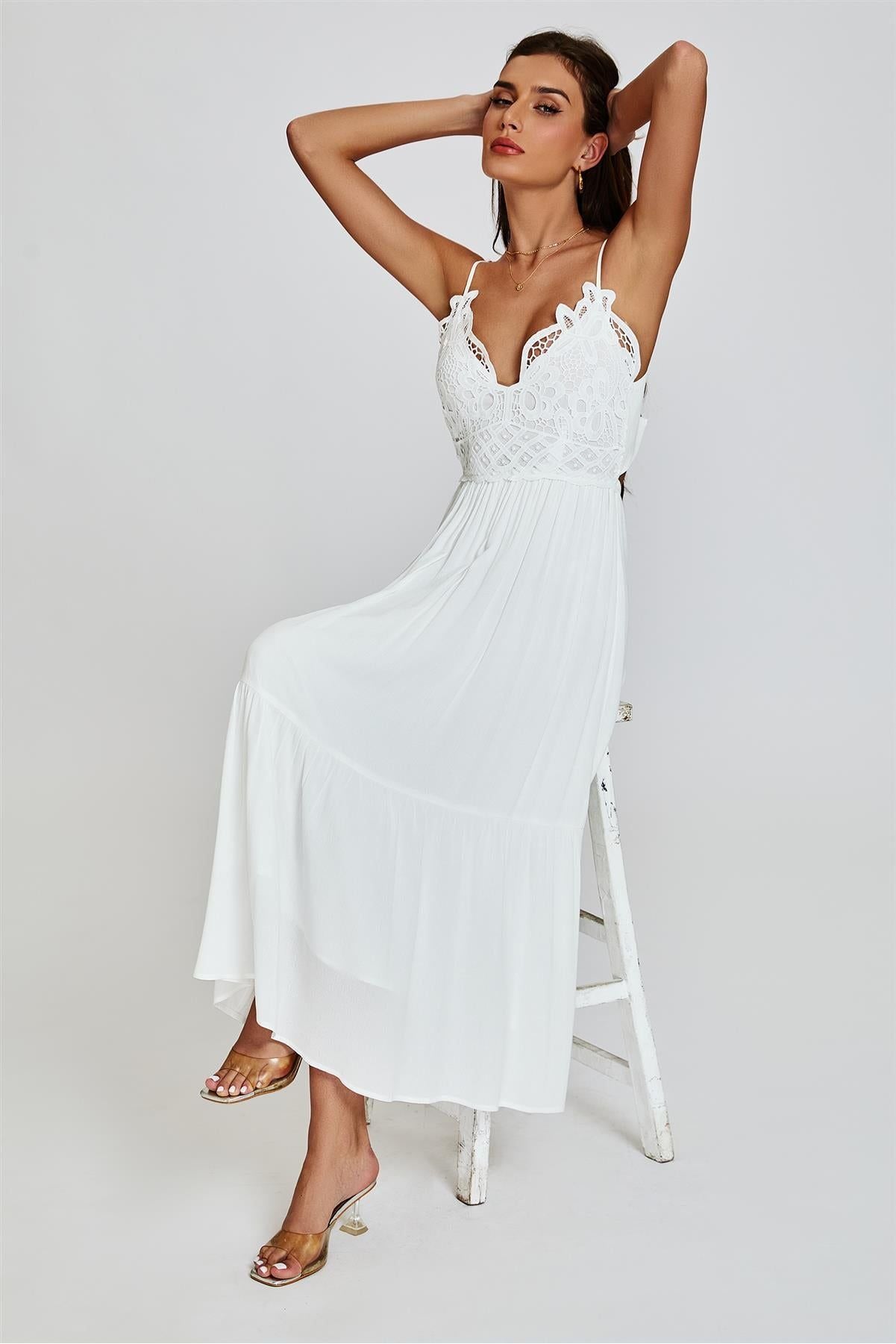 Lace Top Maxi Dress In White FS830-WL