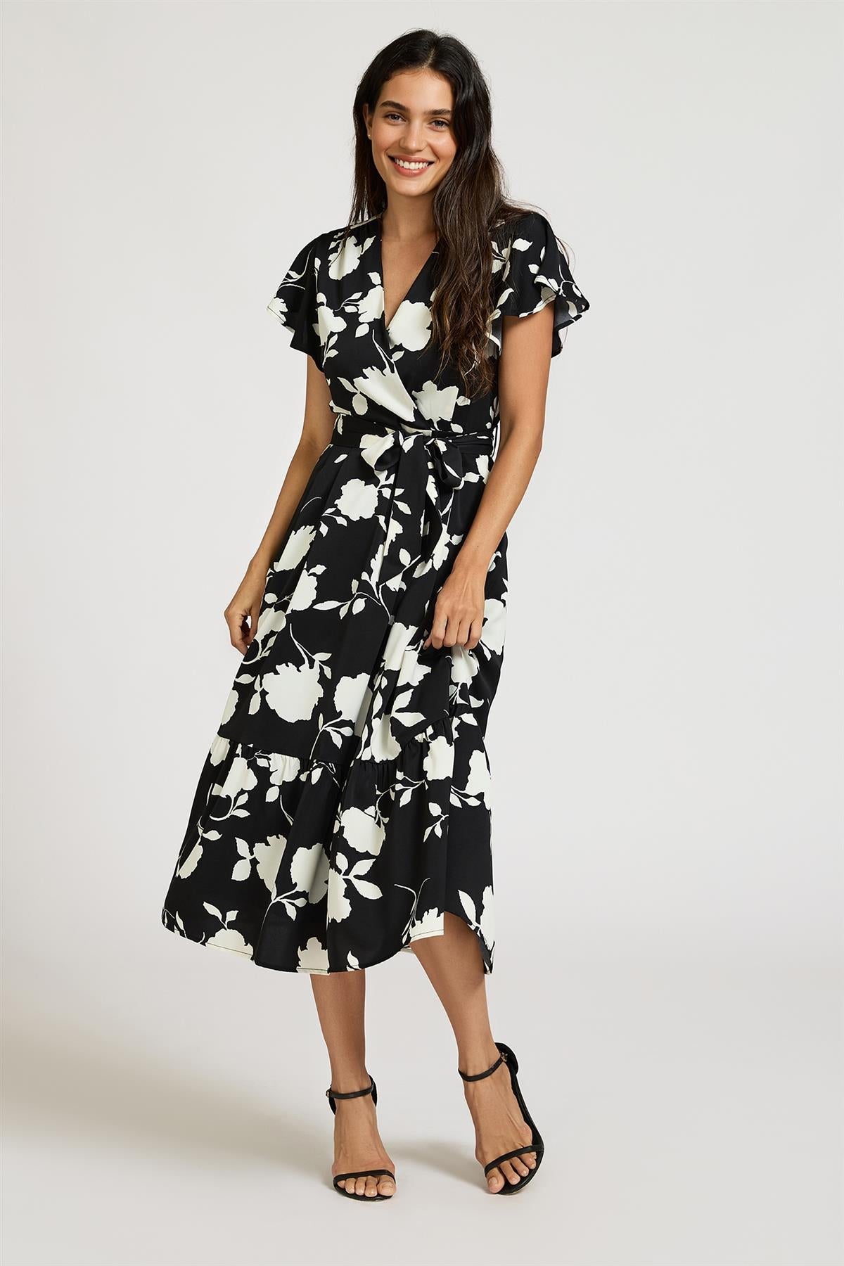 White Floral Print Wrap Top Belted Midi Dress In Black FS989