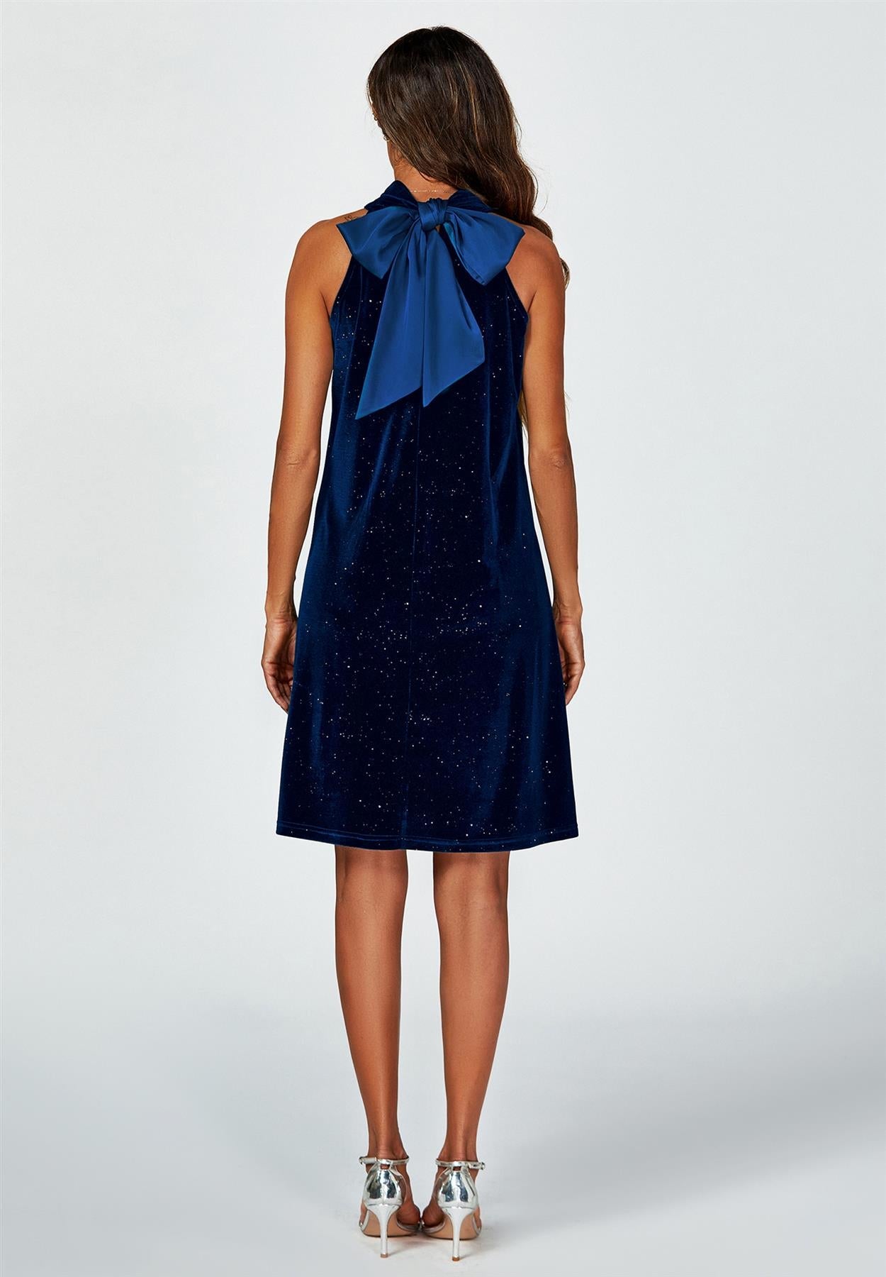 Silver Foil Velvet Halter Neck Tie Back Mini Dress In Navy FS455-VNS