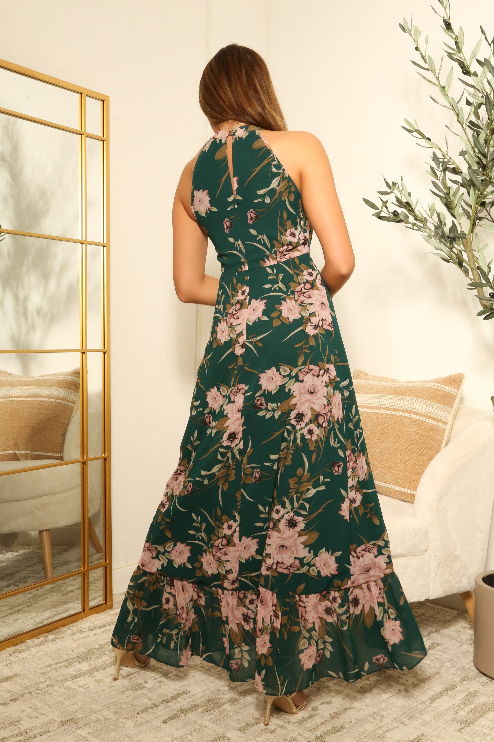 Floral Print Halter Neck Wrap Front Frill Maxi Dress DR0000662