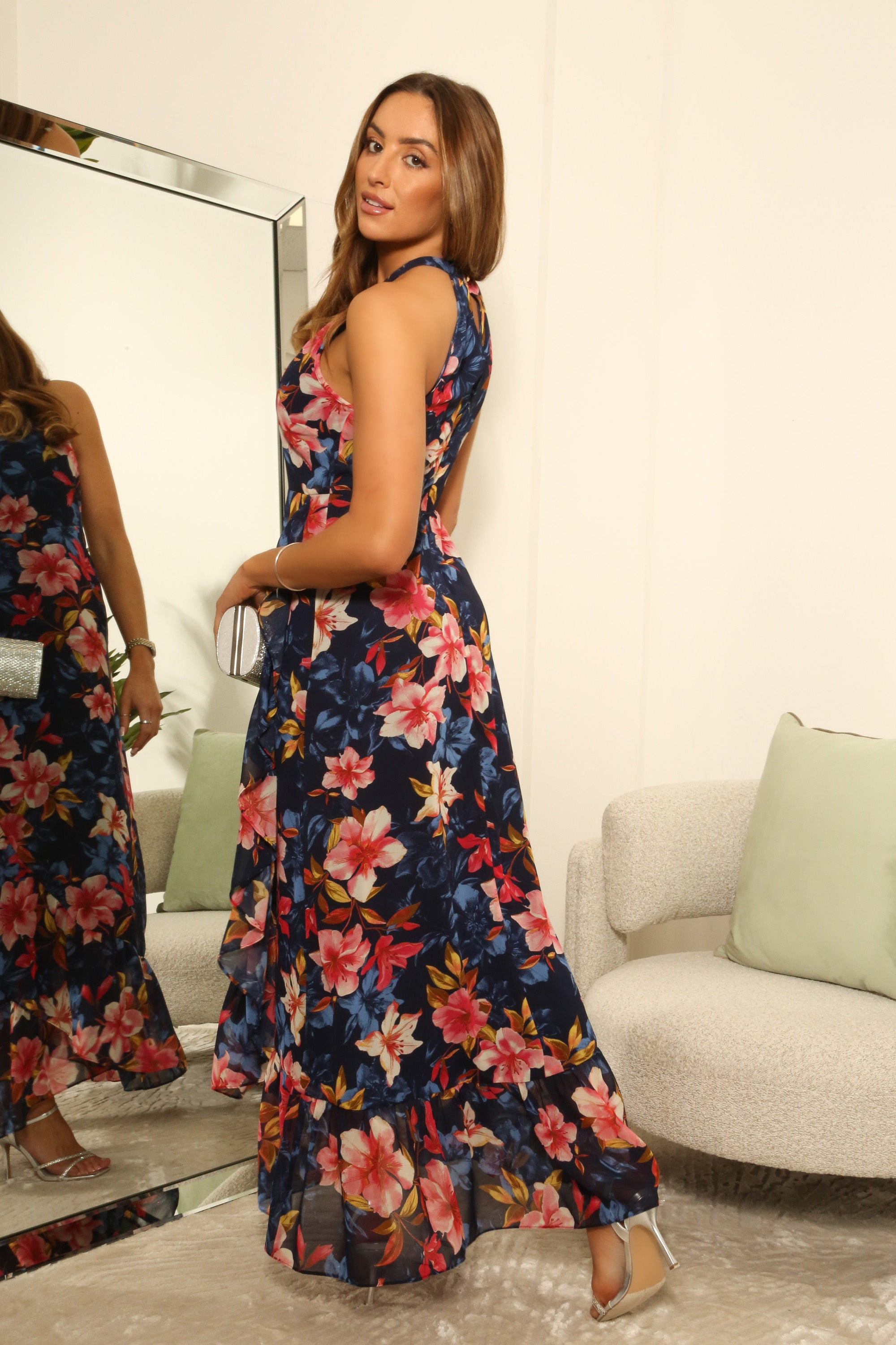 Floral Print Halter Neck Wrap Front Frill Maxi Dress DR0000663