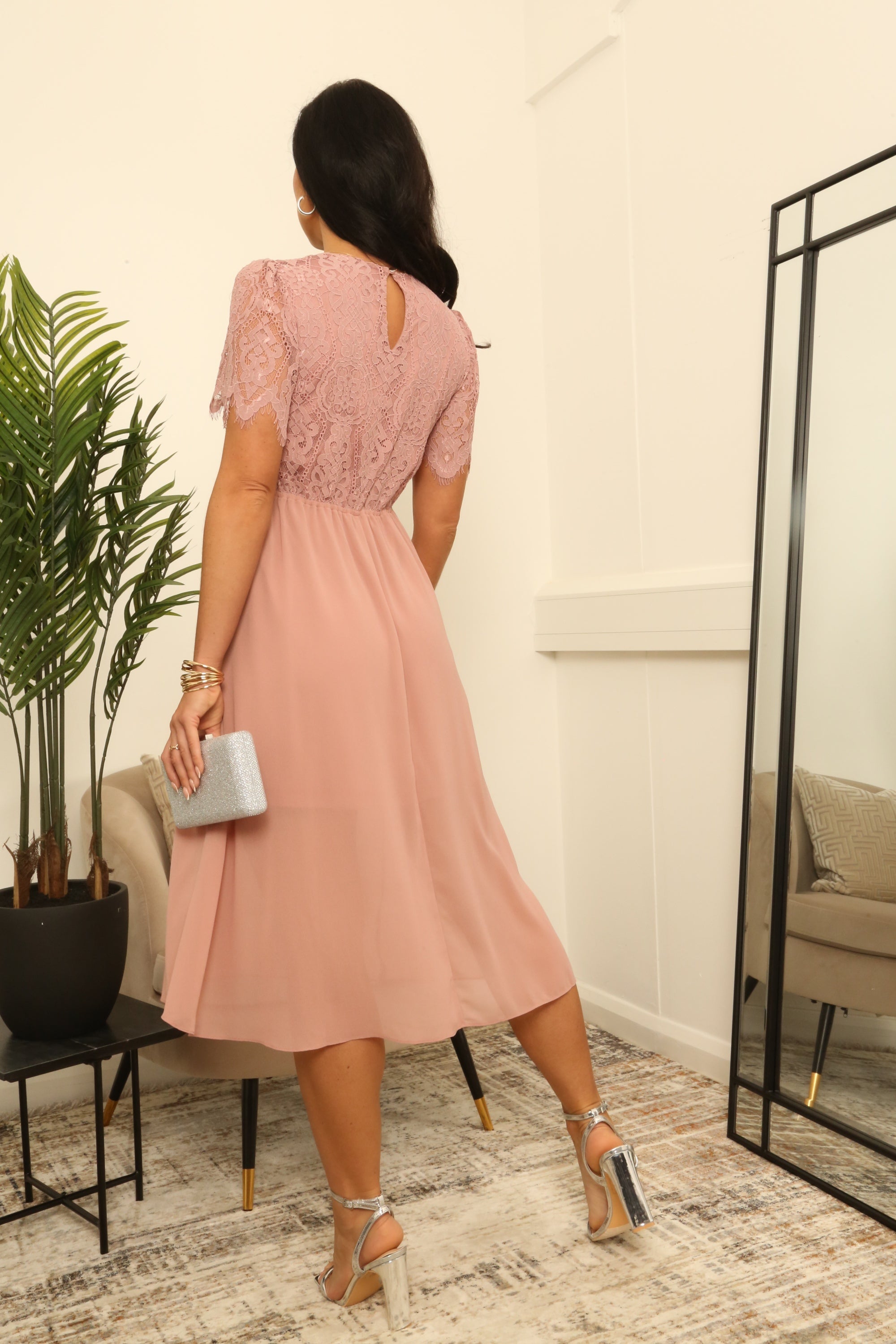 Scallop Lace V Neck Split Hem Chiffon Midi Dress DR0000442