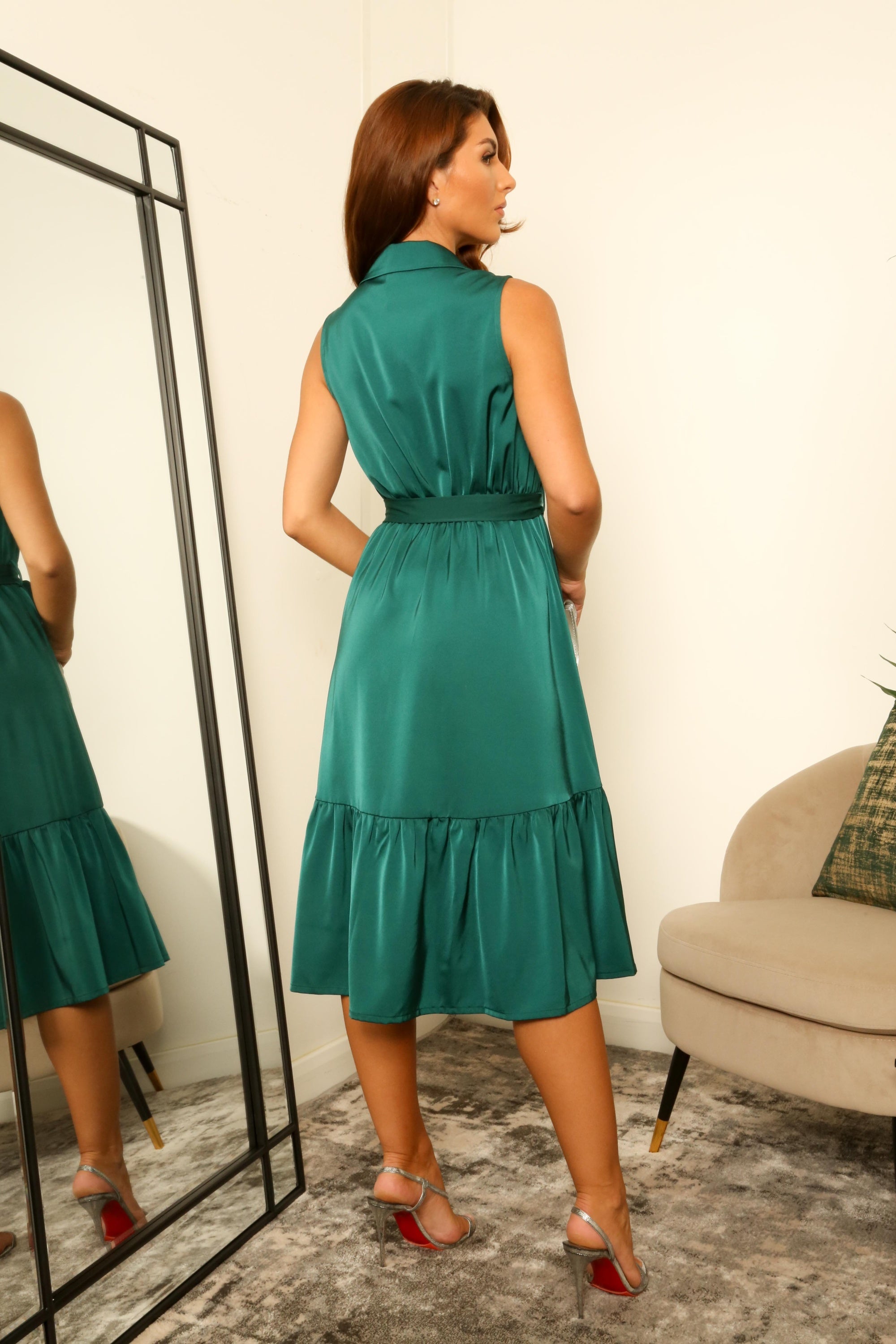 Green Sleeveless Satin Wrap Dress With Collar DR0000329
