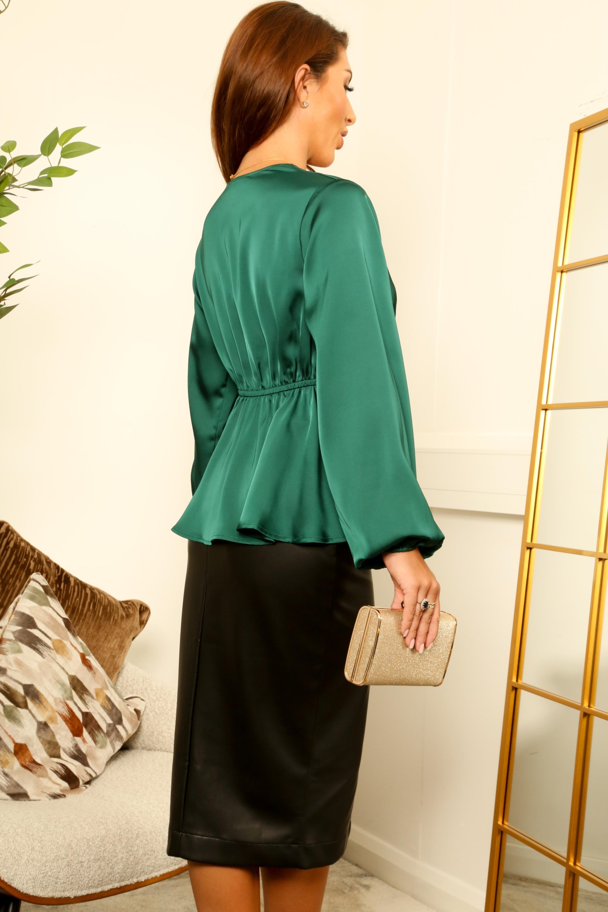 Dark Green Wrap Frill Front Satin Top TO0000200