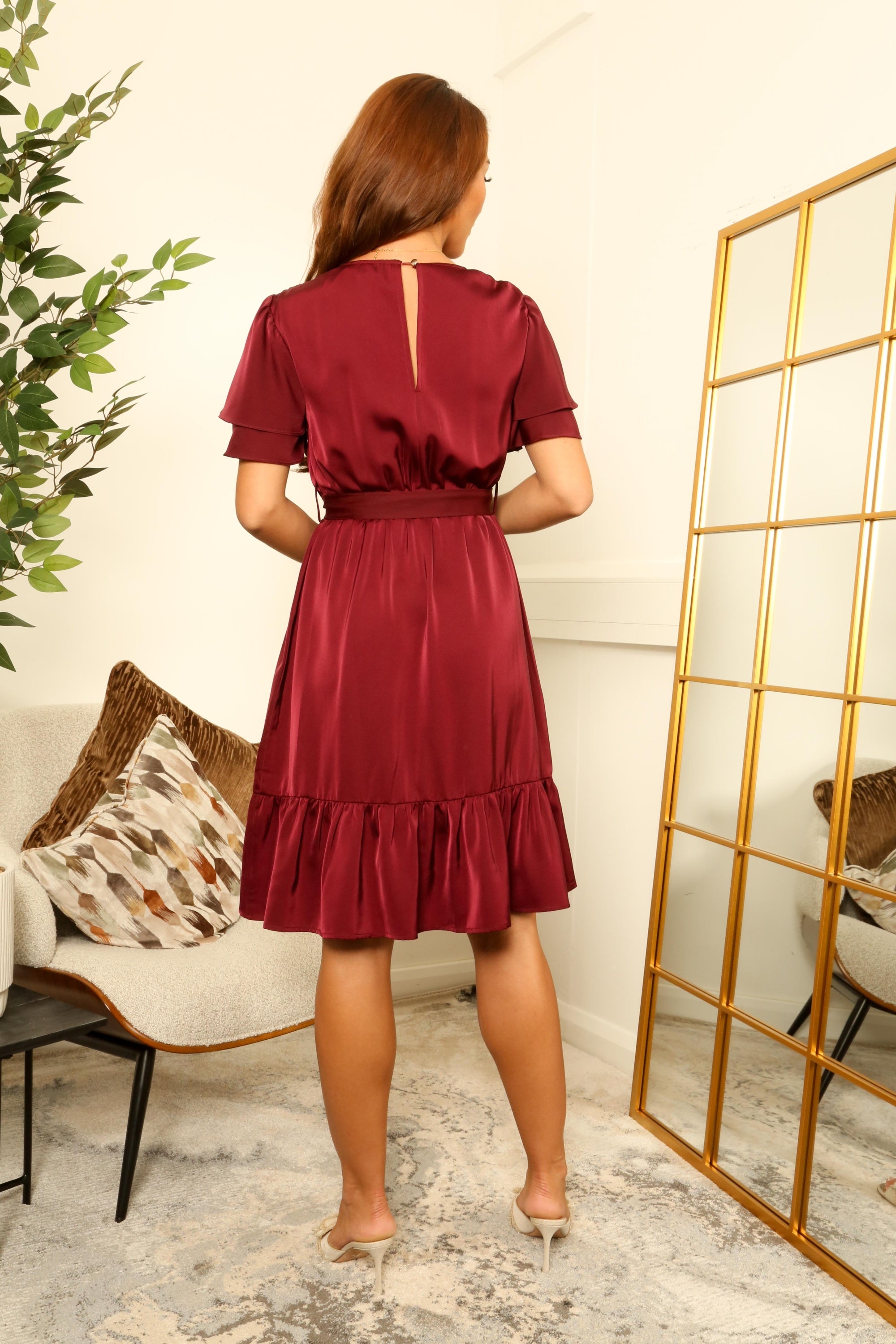 Burgundy Satin Double Tea Sleeve Wrap Dress DR0000319