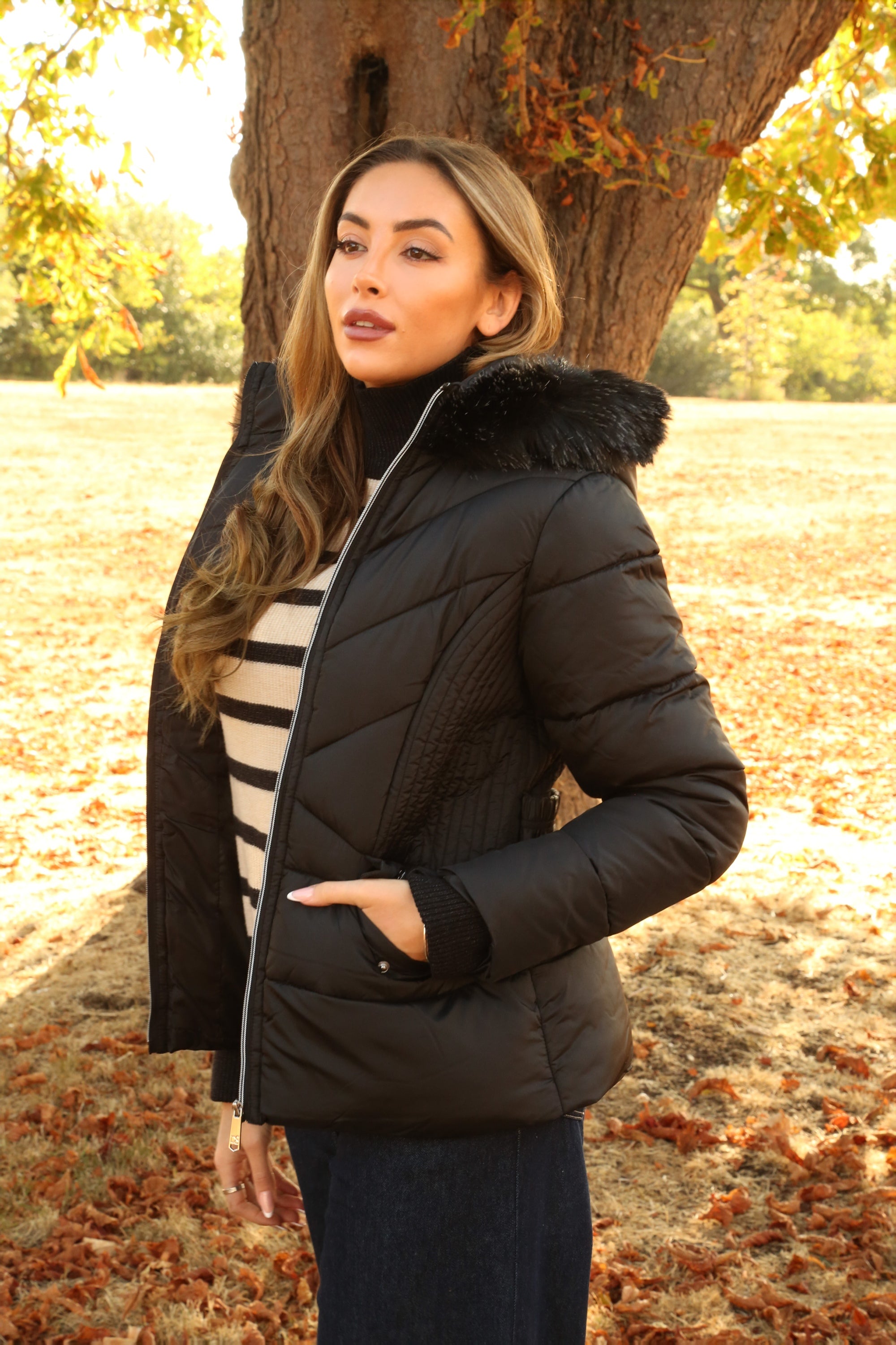Black Padded Short Belted Puffer OU0000495