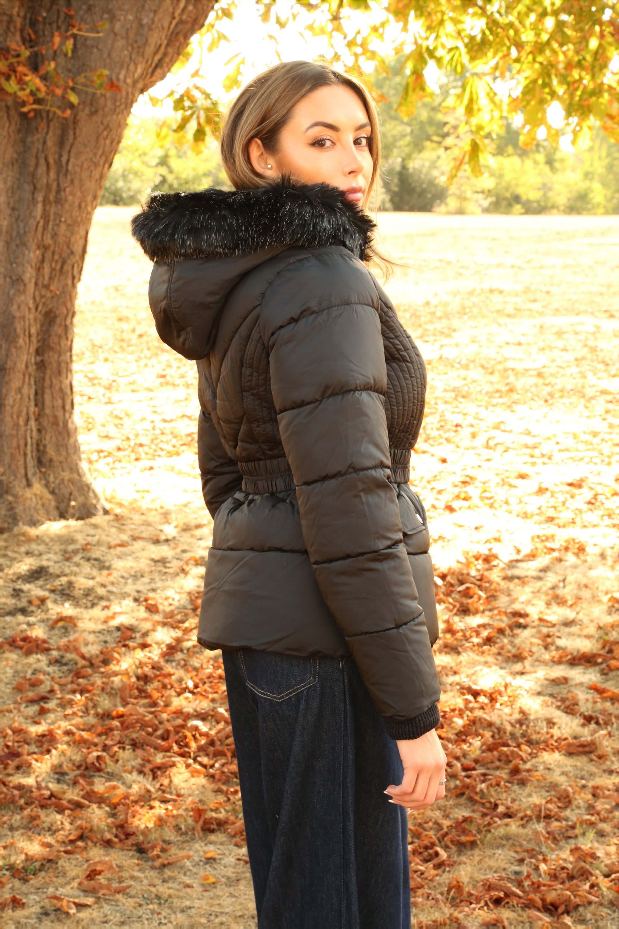 Black Padded Short Belted Puffer OU0000495