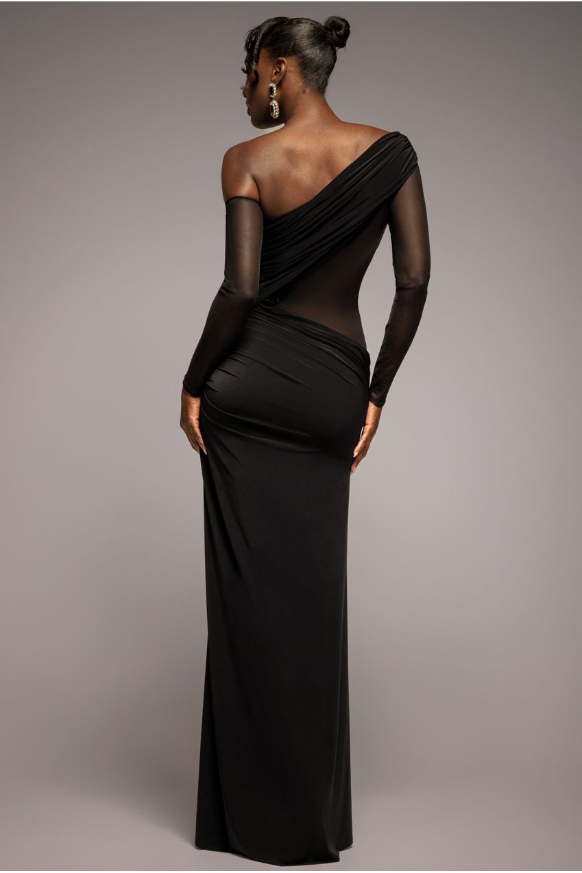 Gathered Cowl Asymmetric Mesh And Soft Touch Maxi Dress - Black DR4800