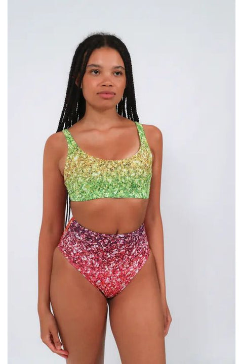 Bikini Crop Top In Rainbow Glitter Print by Maribela