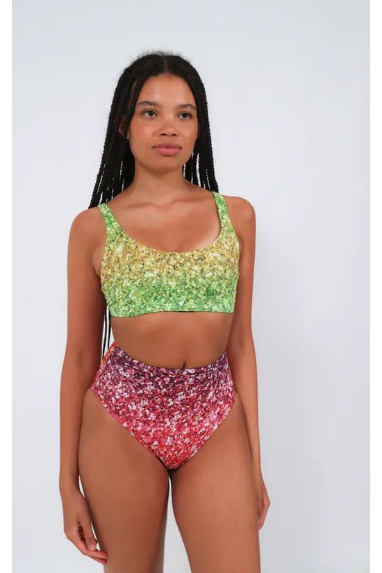 High Waist Bikini Bottoms In Rainbow Glitter Print HWBBGP23