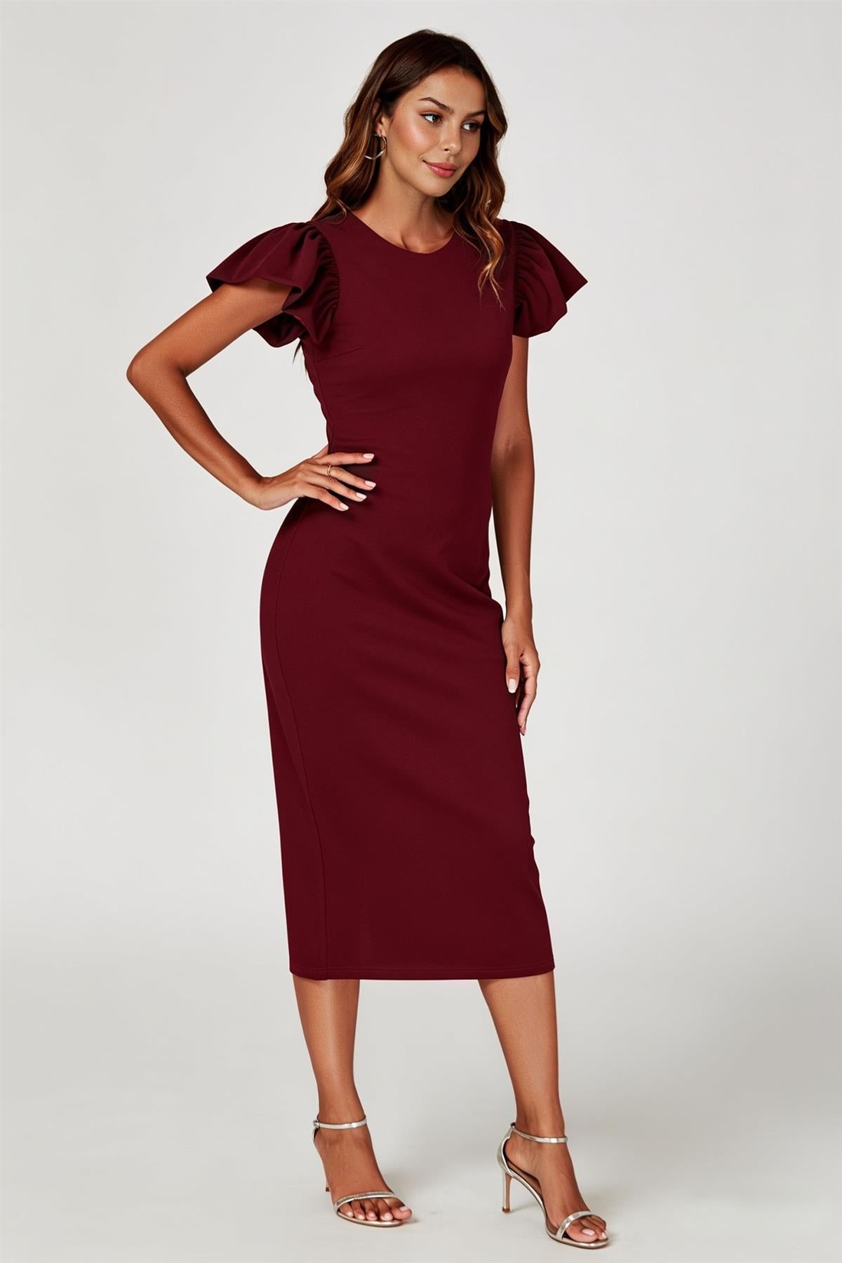 Volume Sleeve Bodycon Midi Dress In Burgundy FS770