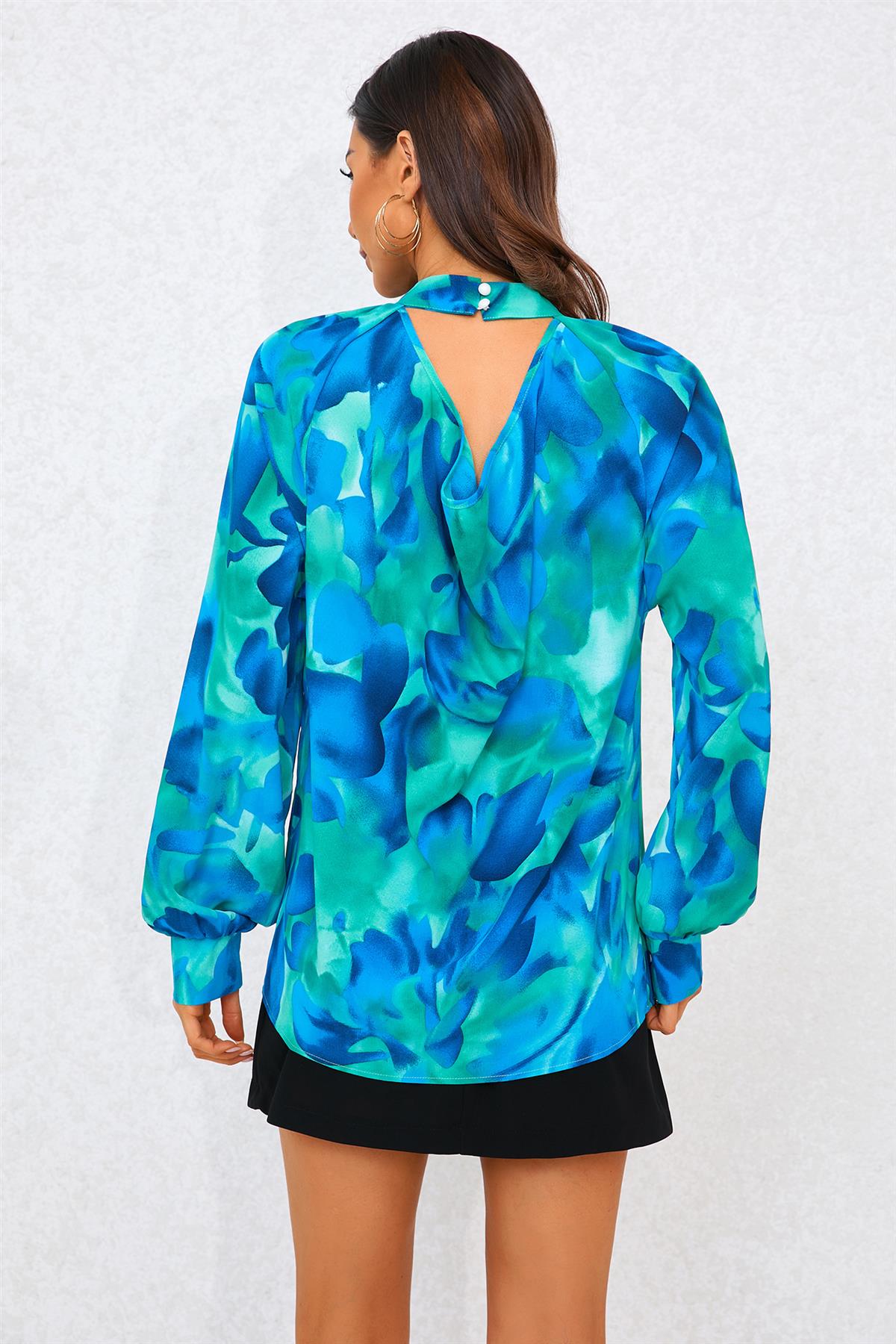 Abstract Floral Print Halter Neck Blouse Top In Blue FS487-BlueFloral