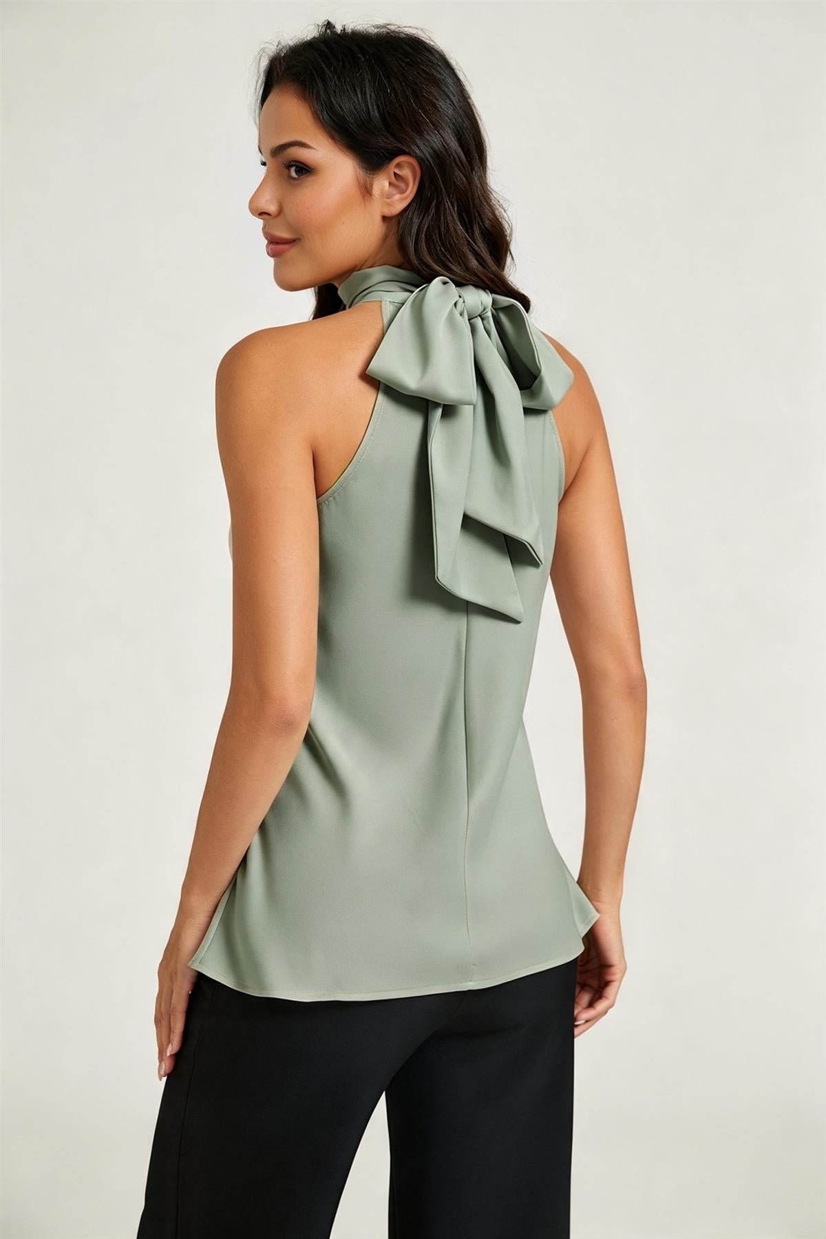 Satin Halter Neck Tie Back Top In Dusty Sage FS21180