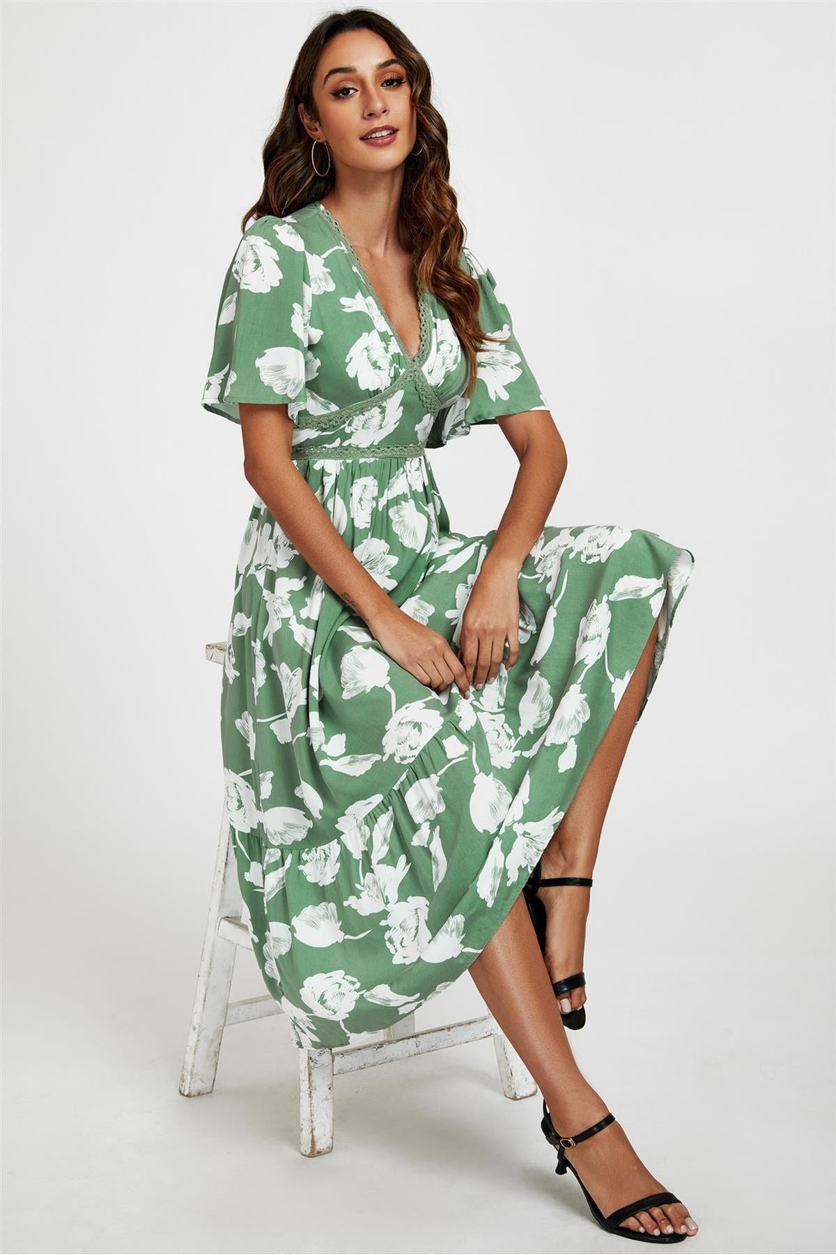 White Floral Print Lace Detail Angel Sleeve Midi Dress In Green FS661-GW