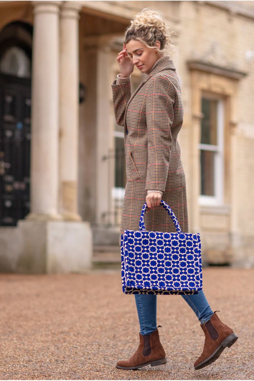 Moroccan Geometric Print Fabric Tote Bag In Blue 8002