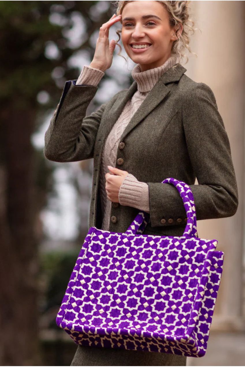 Moroccan Geometric Print Fabric Tote Bag In Blue 8002