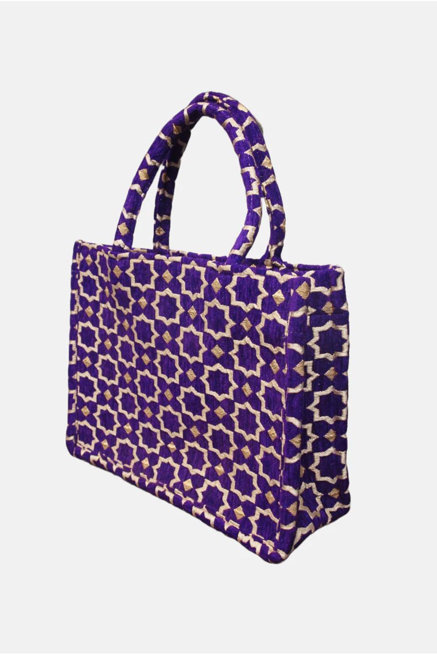 Moroccan Geometric Print Fabric Tote Bag In Blue 8002