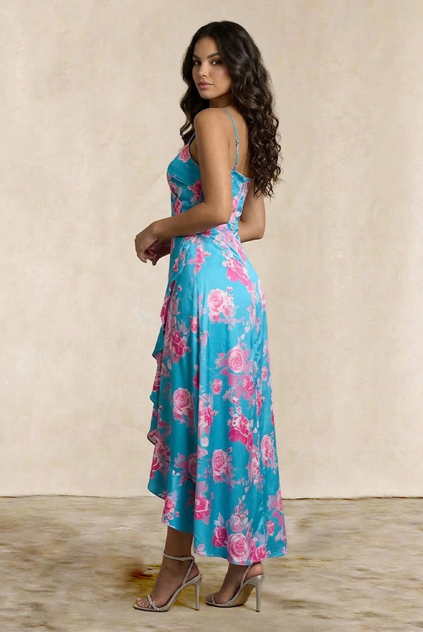 Cami Floral Wrap Midi Dip Hem Dress In Green 80727FGNC