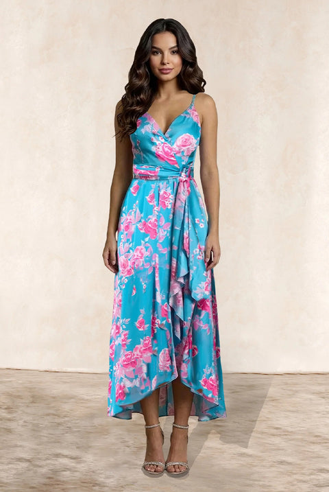 Cami Floral Wrap Midi Dip Hem Dress In Green by Chi Chi London