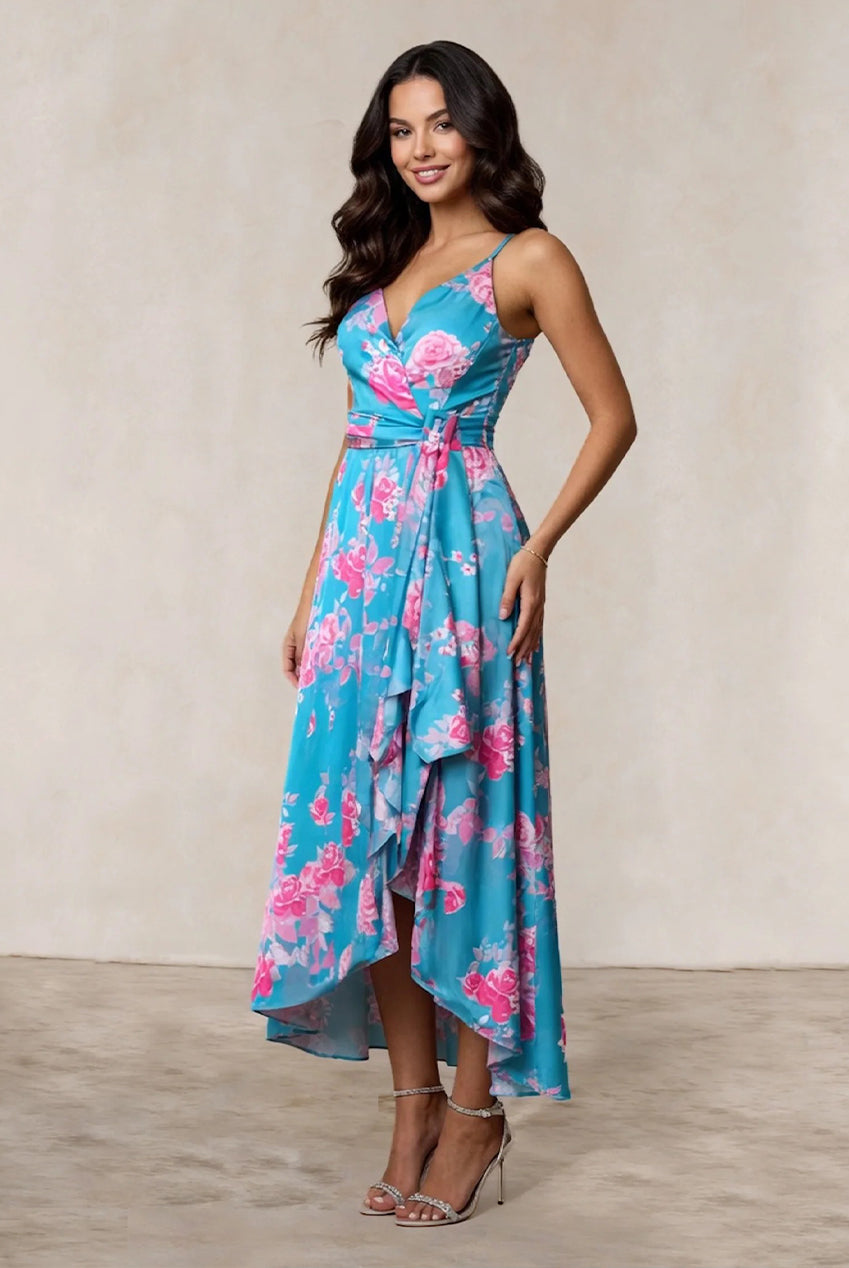 Cami Floral Wrap Midi Dip Hem Dress In Green 80727FGNC