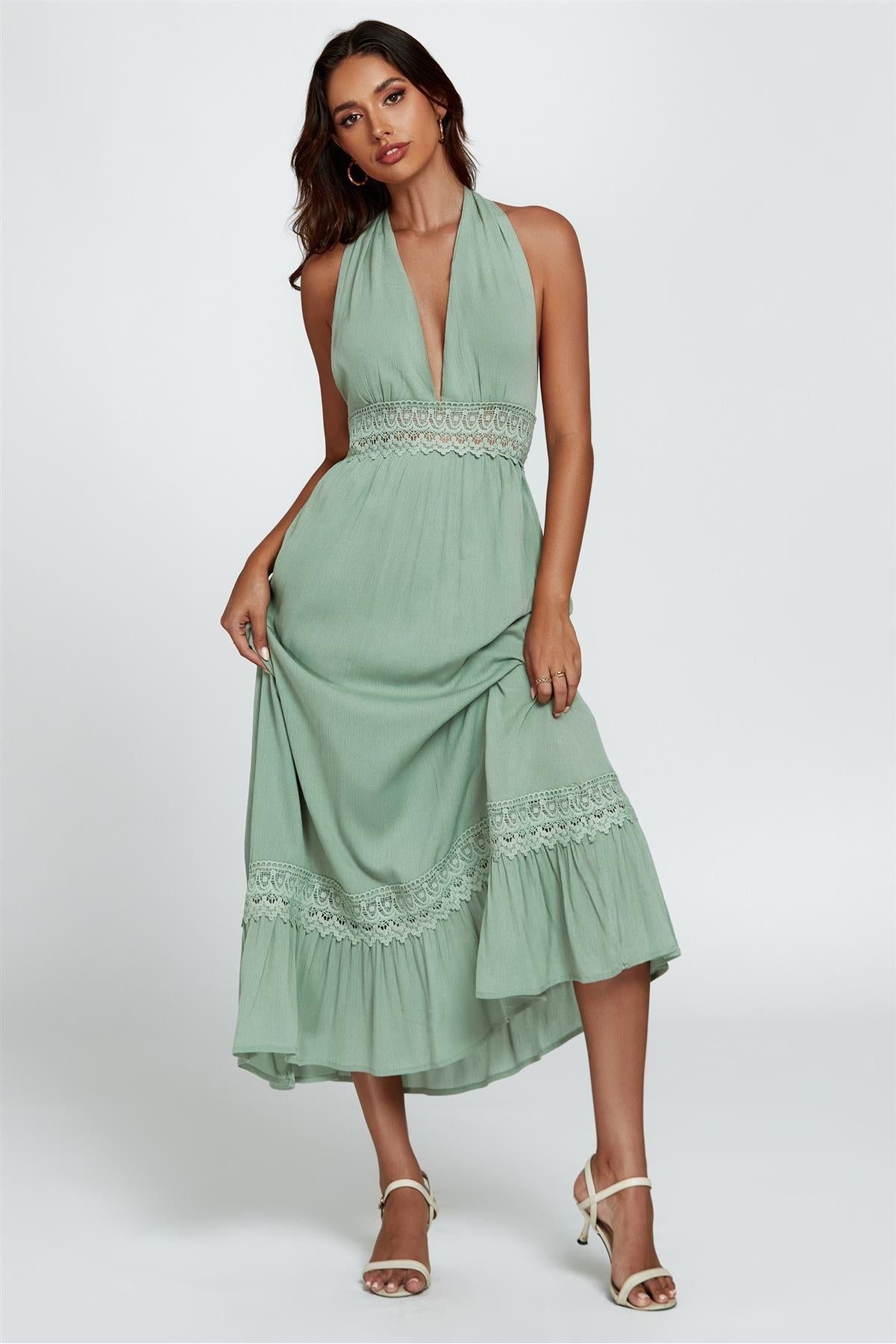 Lace Detail Adjustable Deep V Neckline Maxi Dress In Green FS254-Green