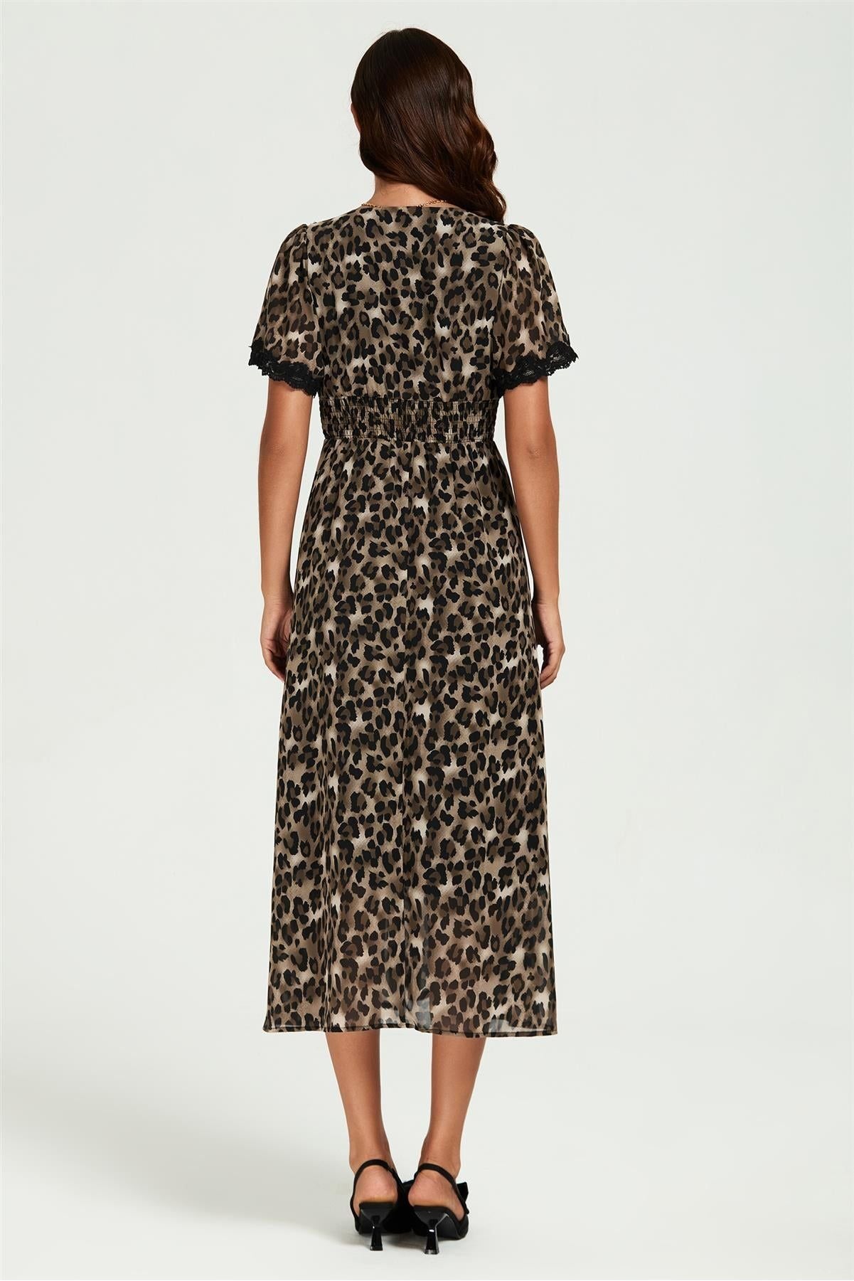 Leopard Print Lace Trim On Sleeve Midi Dress In Brown FS863-LLB