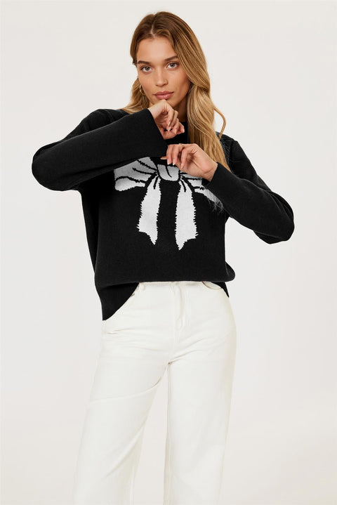 Bowknot Pattern Knit Jumper Top In Black by FS Collection