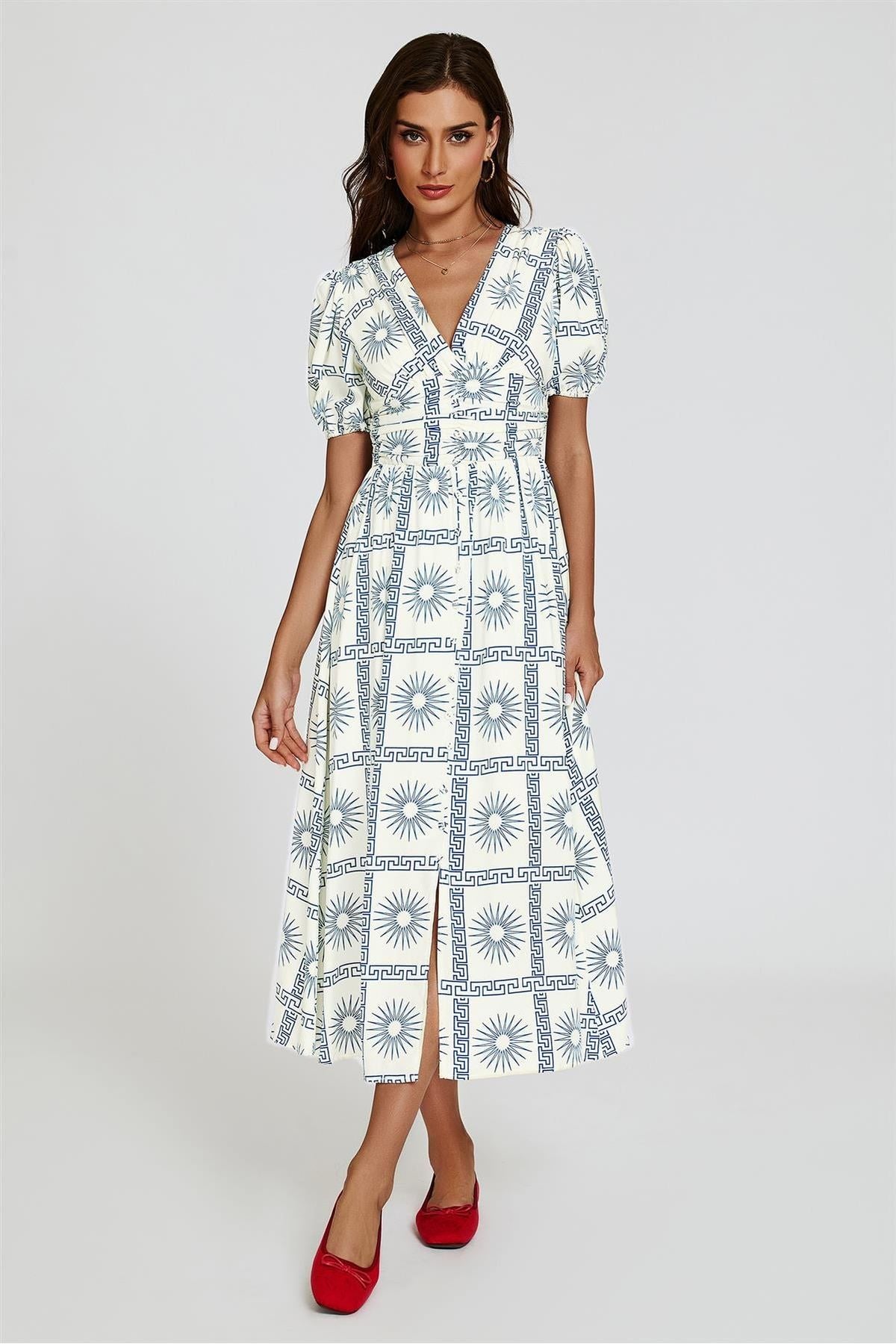 Geo Print Midi V Neckline Dress In White FS827-WBF