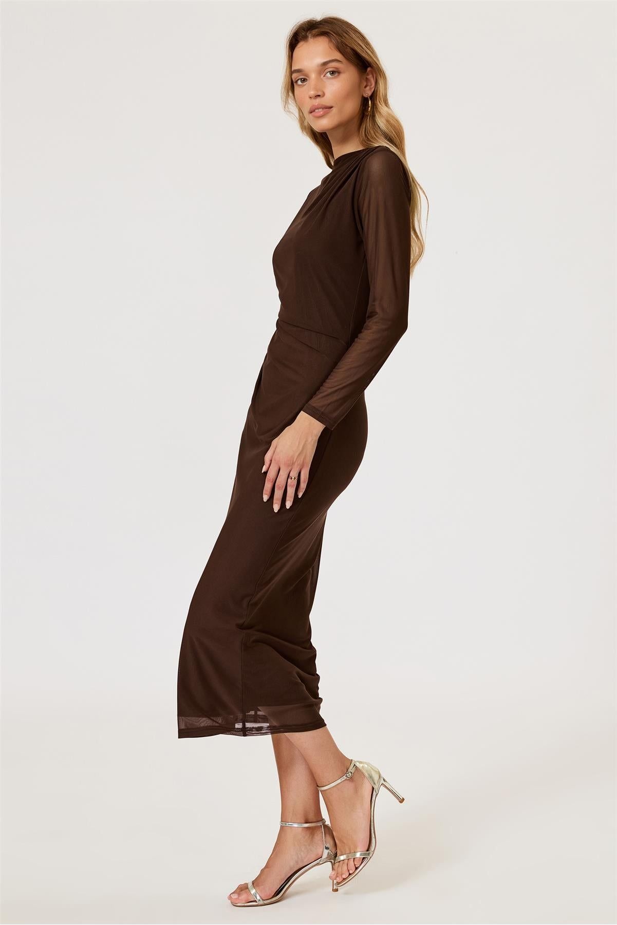 Long Sleeves Mesh Midi Dress In Brown FS776