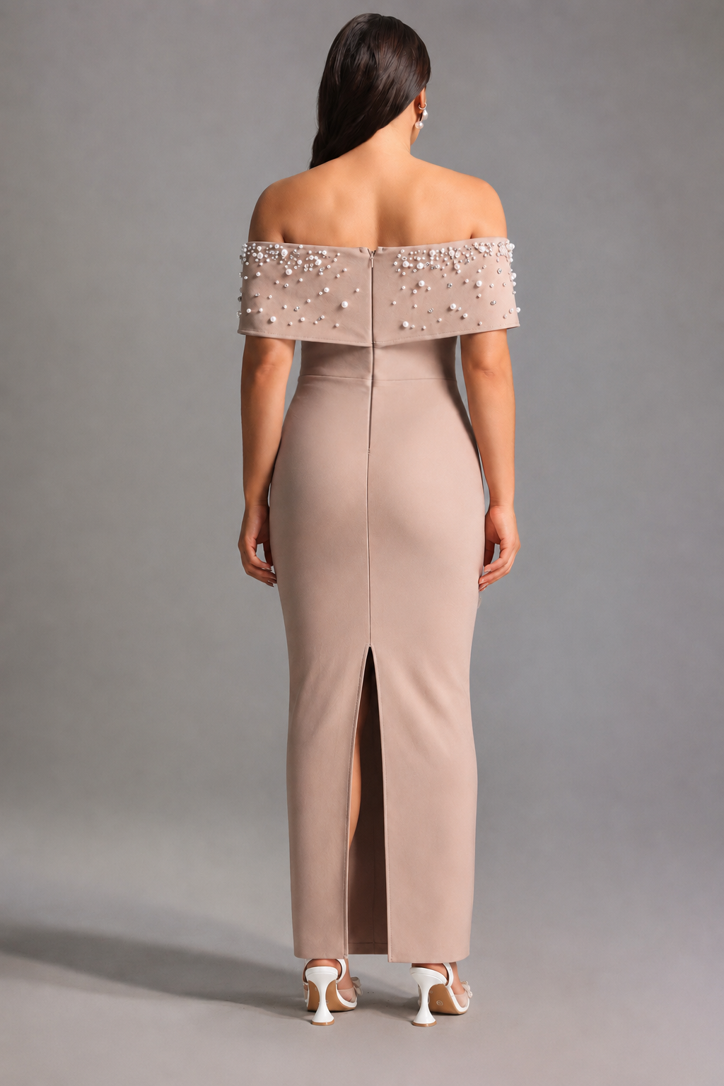 Isme Elegant Contour Off Shoulder Pearl Rhinestone Bandage Maxi Dress D260301428