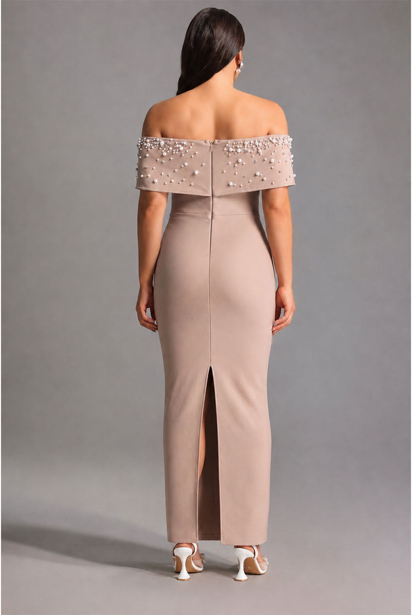 Isme Elegant Contour Off Shoulder Pearl Rhinestone Bandage Maxi Dress D260301428
