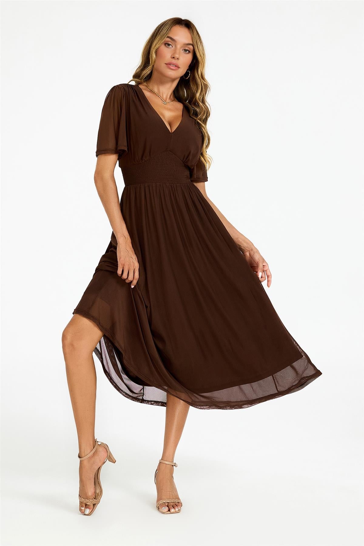 Flutter Sleeve Mesh Midi Dress In Brown FS972