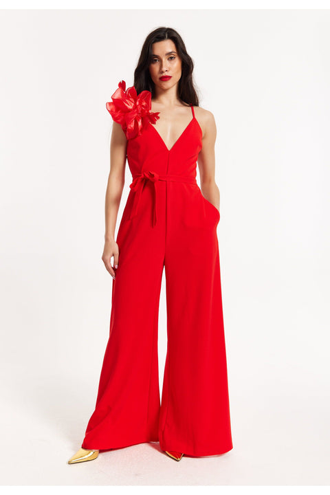 Red Floral Shoulder Wide-Leg Jumpsuit by Liquorish