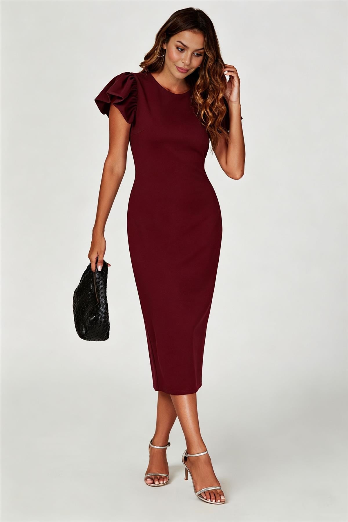 Volume Sleeve Bodycon Midi Dress In Burgundy FS770