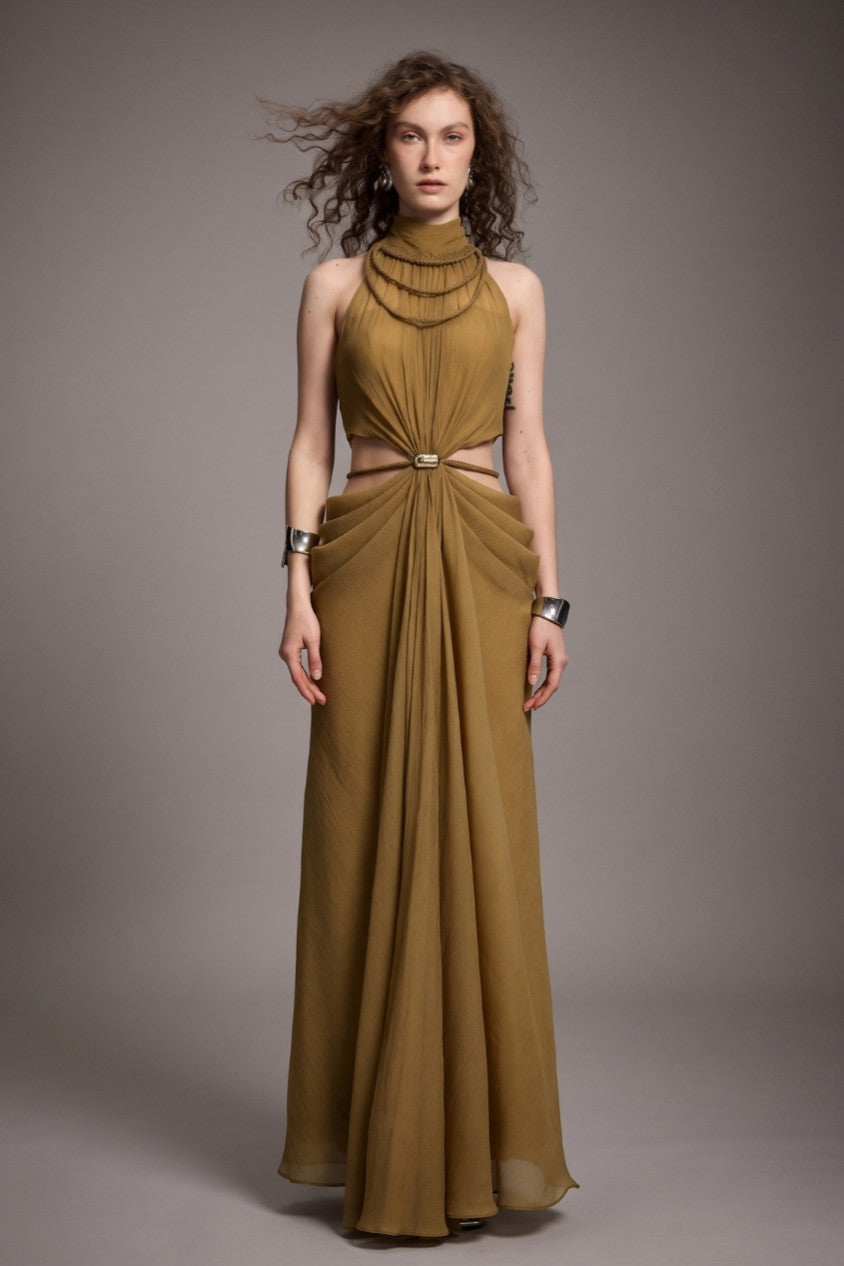 High-Neck Braided Cut-Out Draped Chiffon Maxi Dress R2510HB025