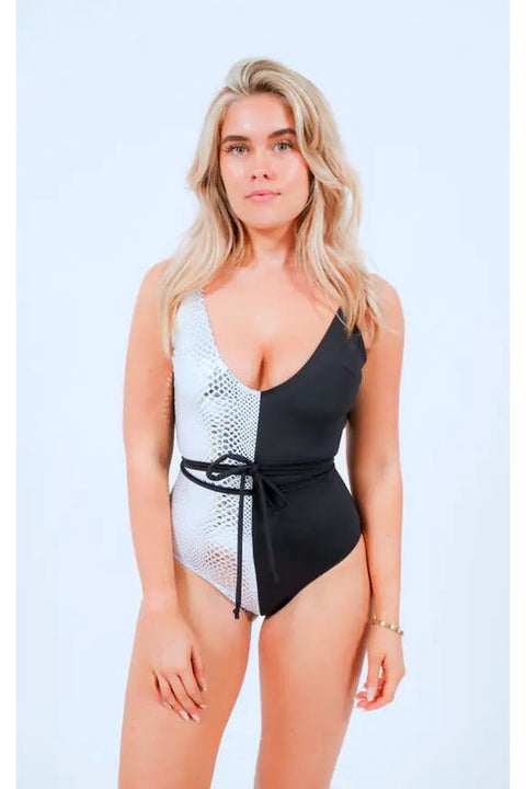 Silver Snake & Black Swimsuit With Tie by Maribela