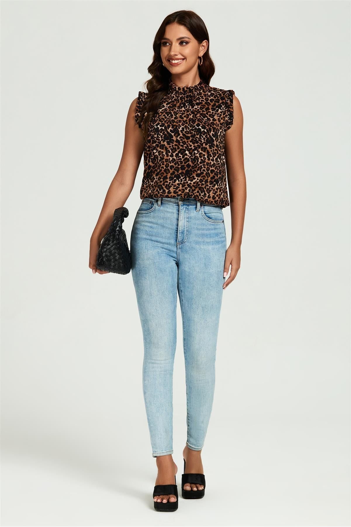 Leopard Print Frill Trim Sleeve Frill Neck Blouse Top In Brown FS816-Leopard