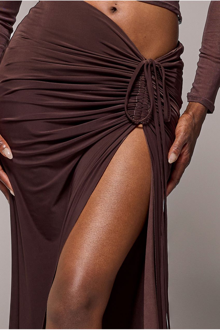 Super Split Front Drawstring Maxi Skirt - Brown SK60