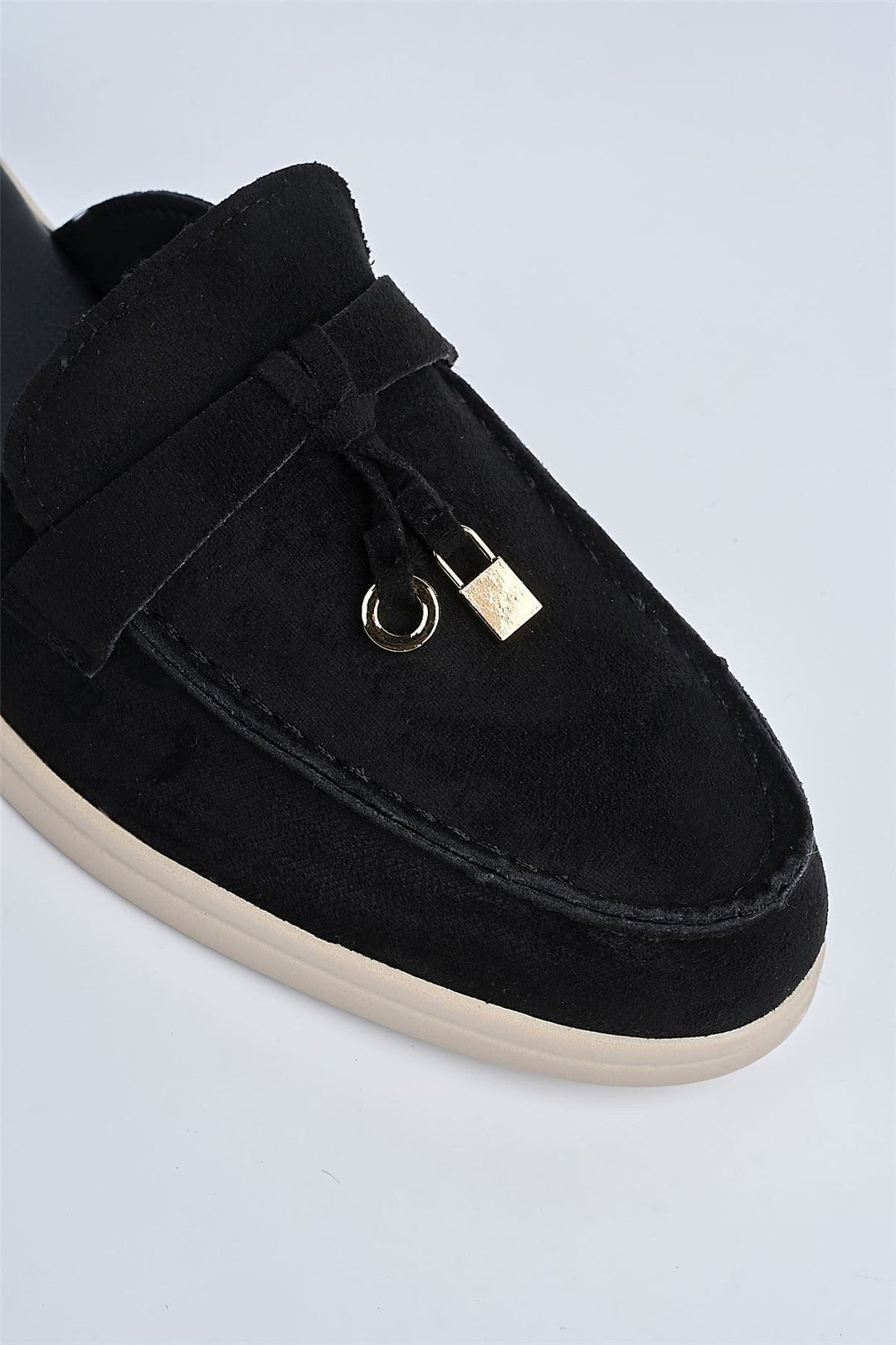 Adaloria Padlock Charm Backless Flat Loafers In Black White Sole PANTHER2-BLKWHTS