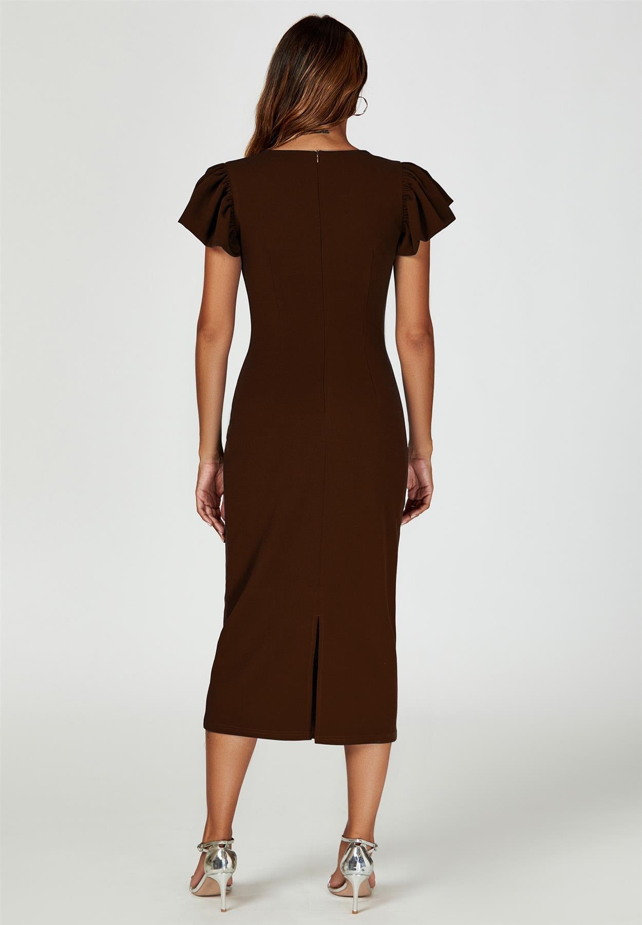 Volume Sleeve Bodycon Midi Dress In Espresso FS770