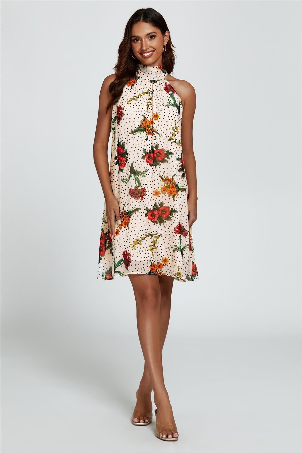 Floral Print Halter Neck Tie Back Mini Dress In Off White FS455